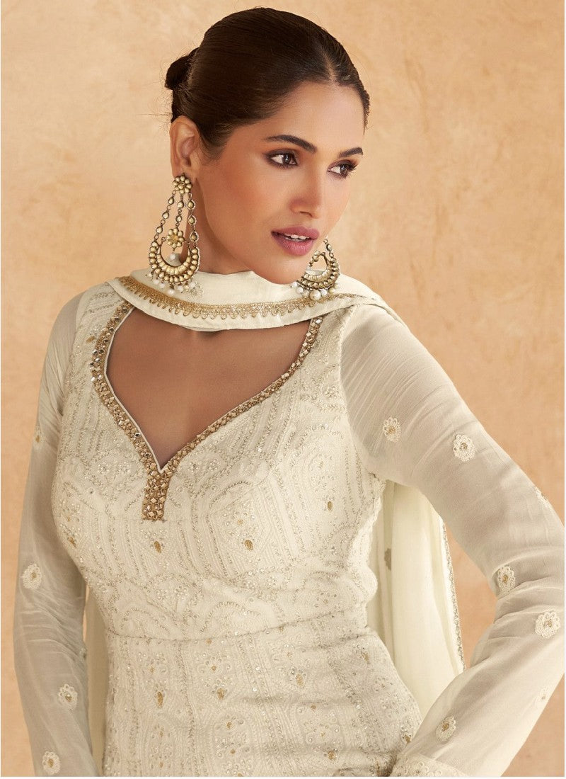 White Georgette Sequins Kurta with Pant and Dupatta