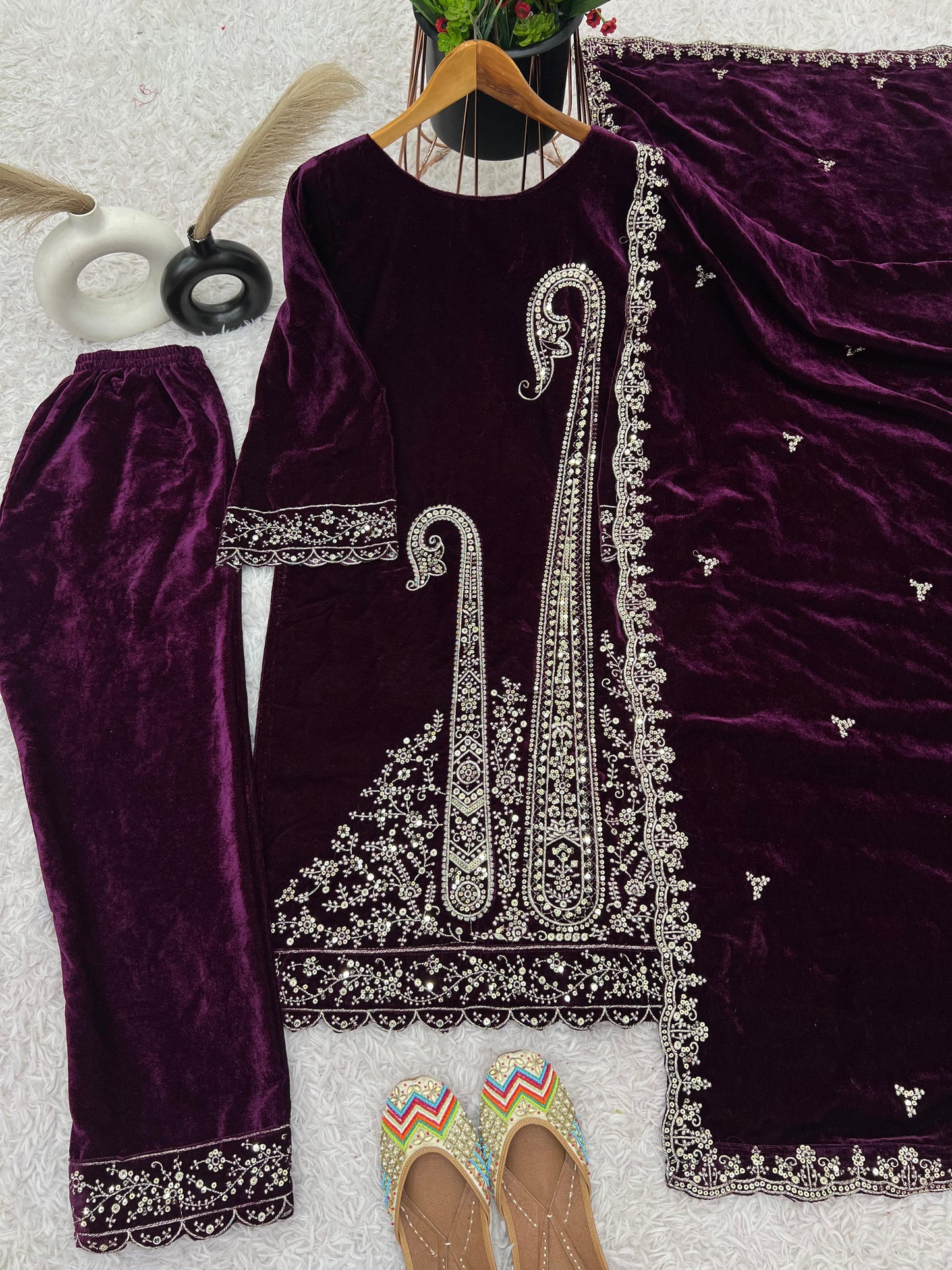Purple Viscose Velvet Embroidered Sequin Kurta Set with Dupatta