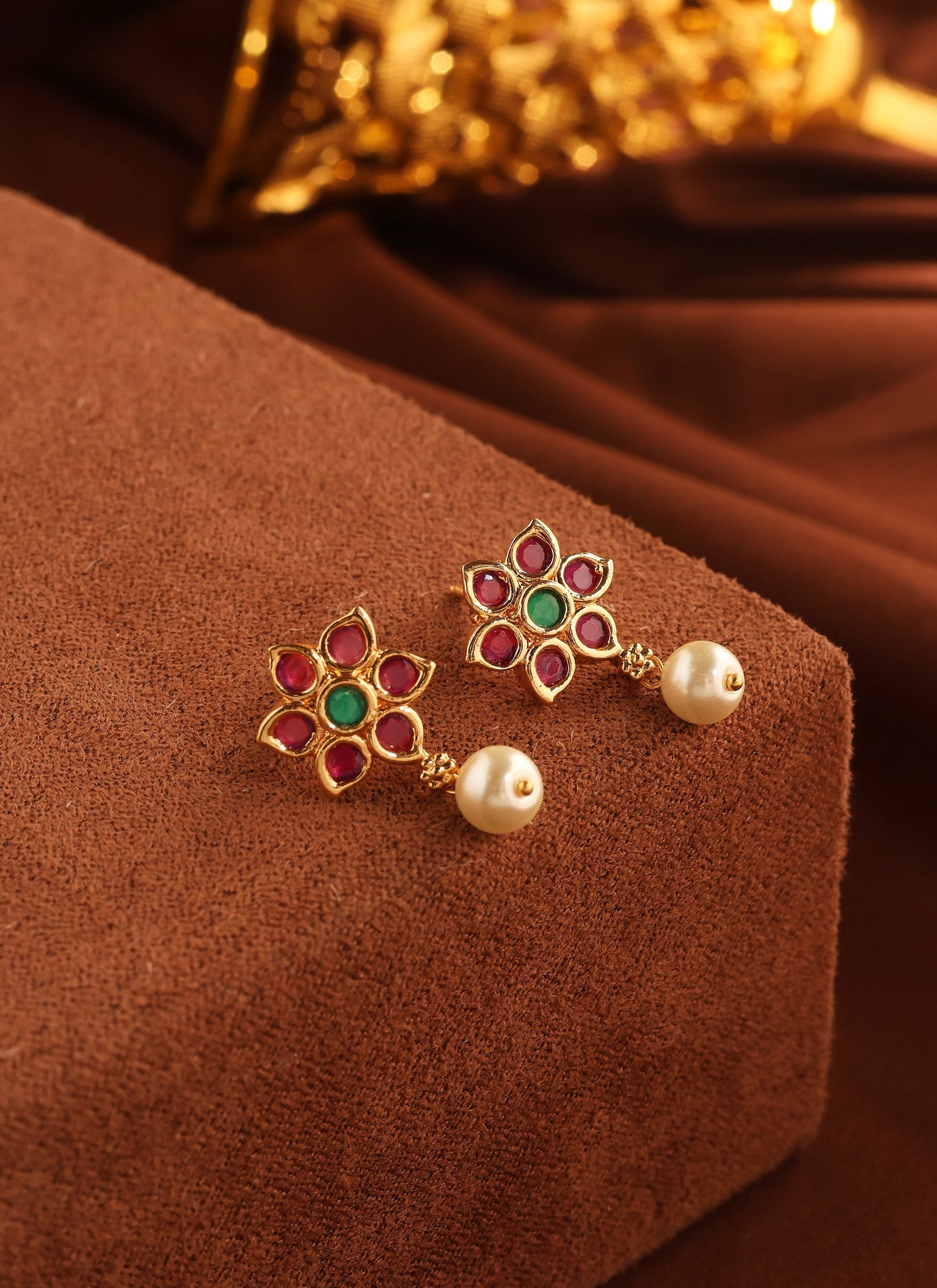 Gold Necklace Set with Pink and Green Beads and Pearls