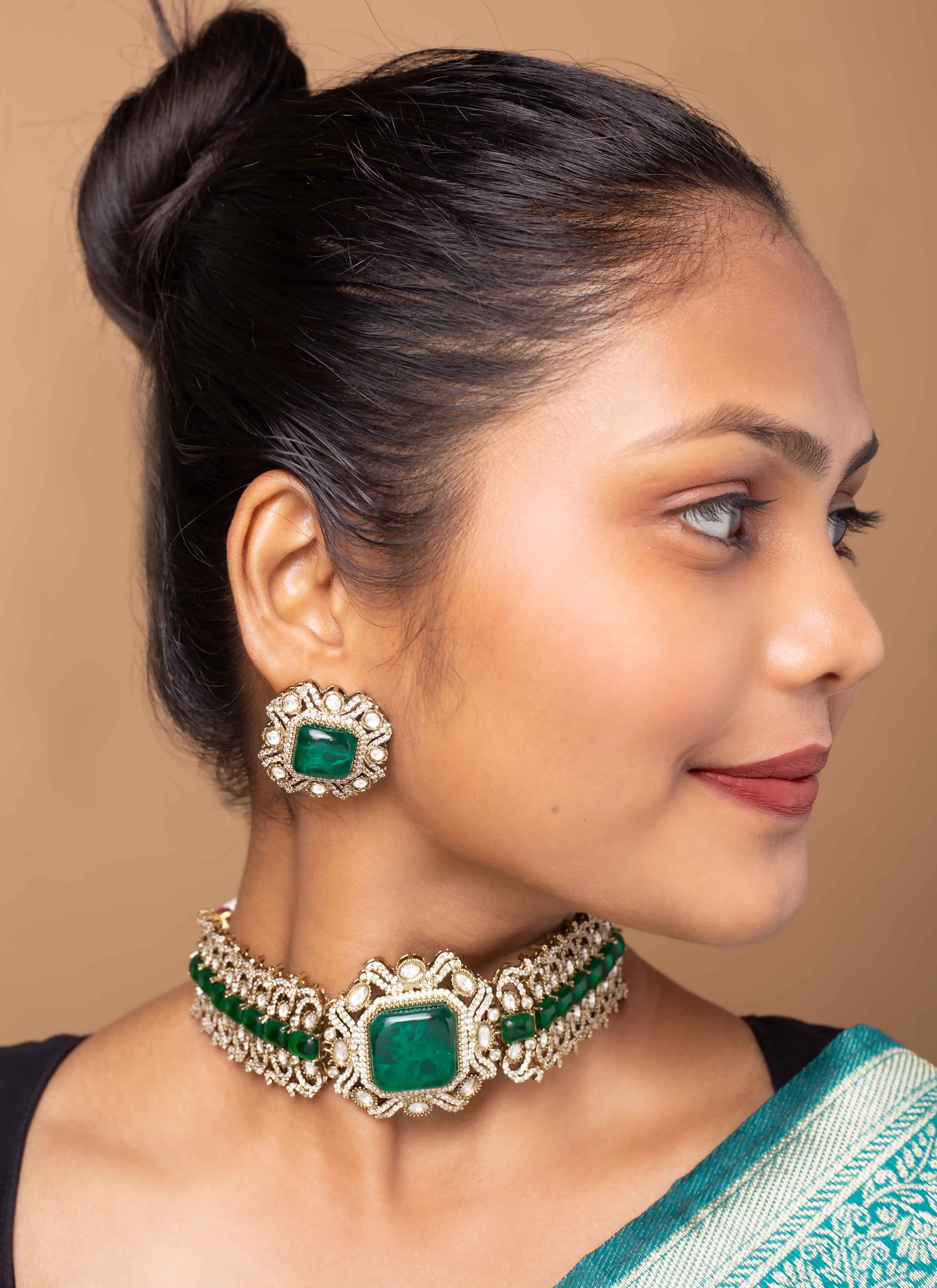 American diamond choker with green stones and matching studs