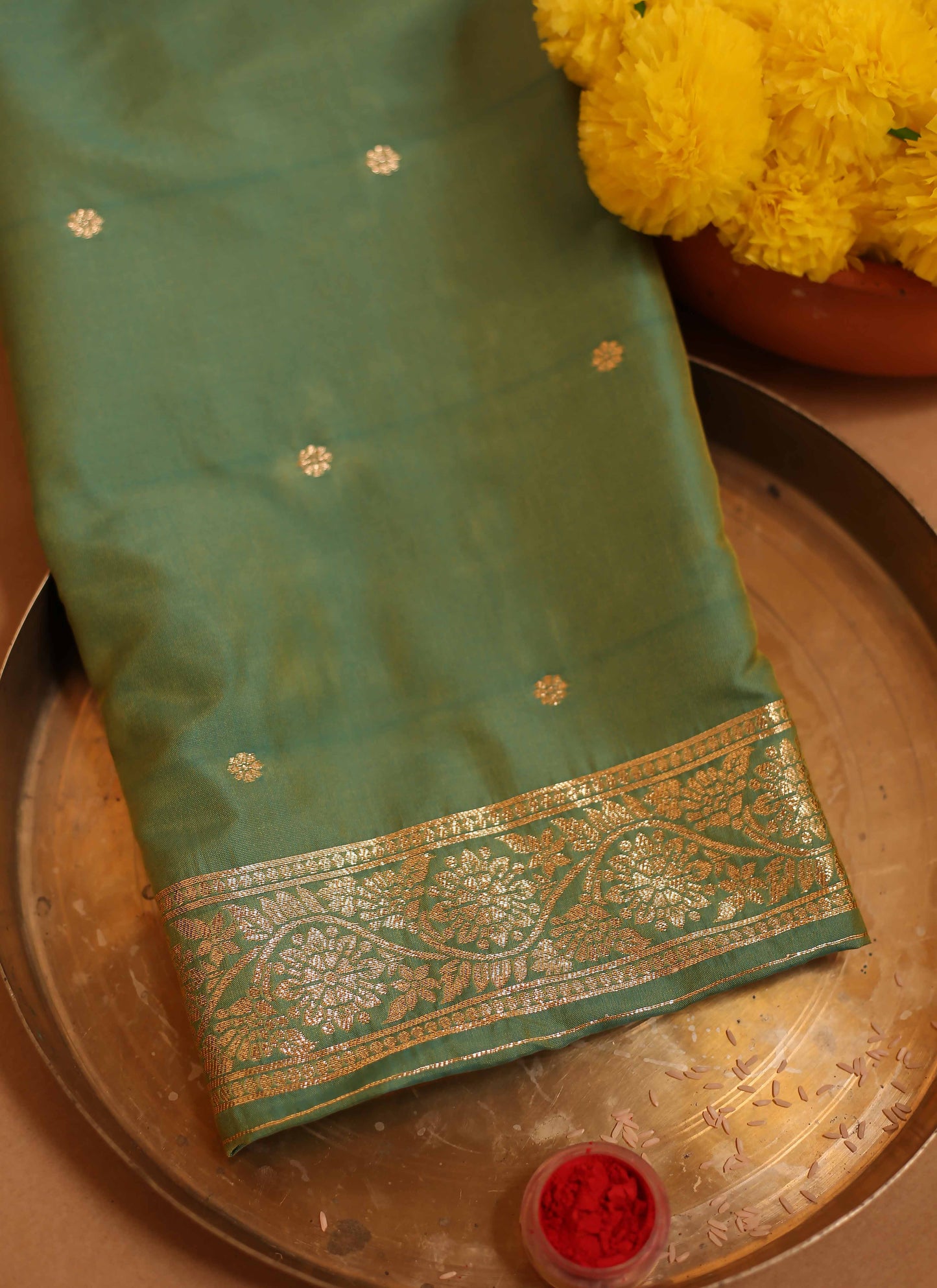 Turquoise Green Zari Woven Saree with Intricate Floral Motifs