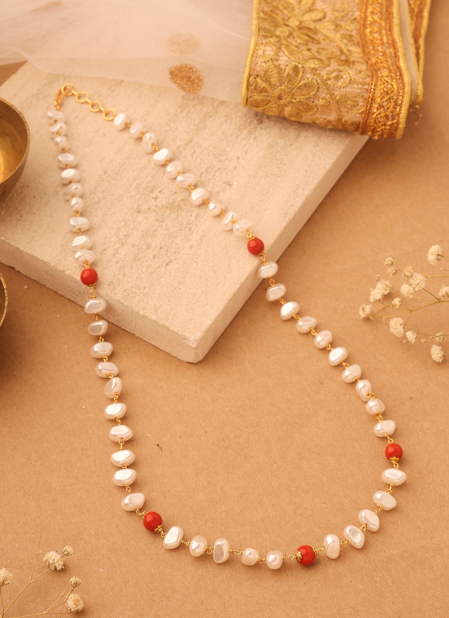 White Unshaped Pearl and Coral Beaded Necklace