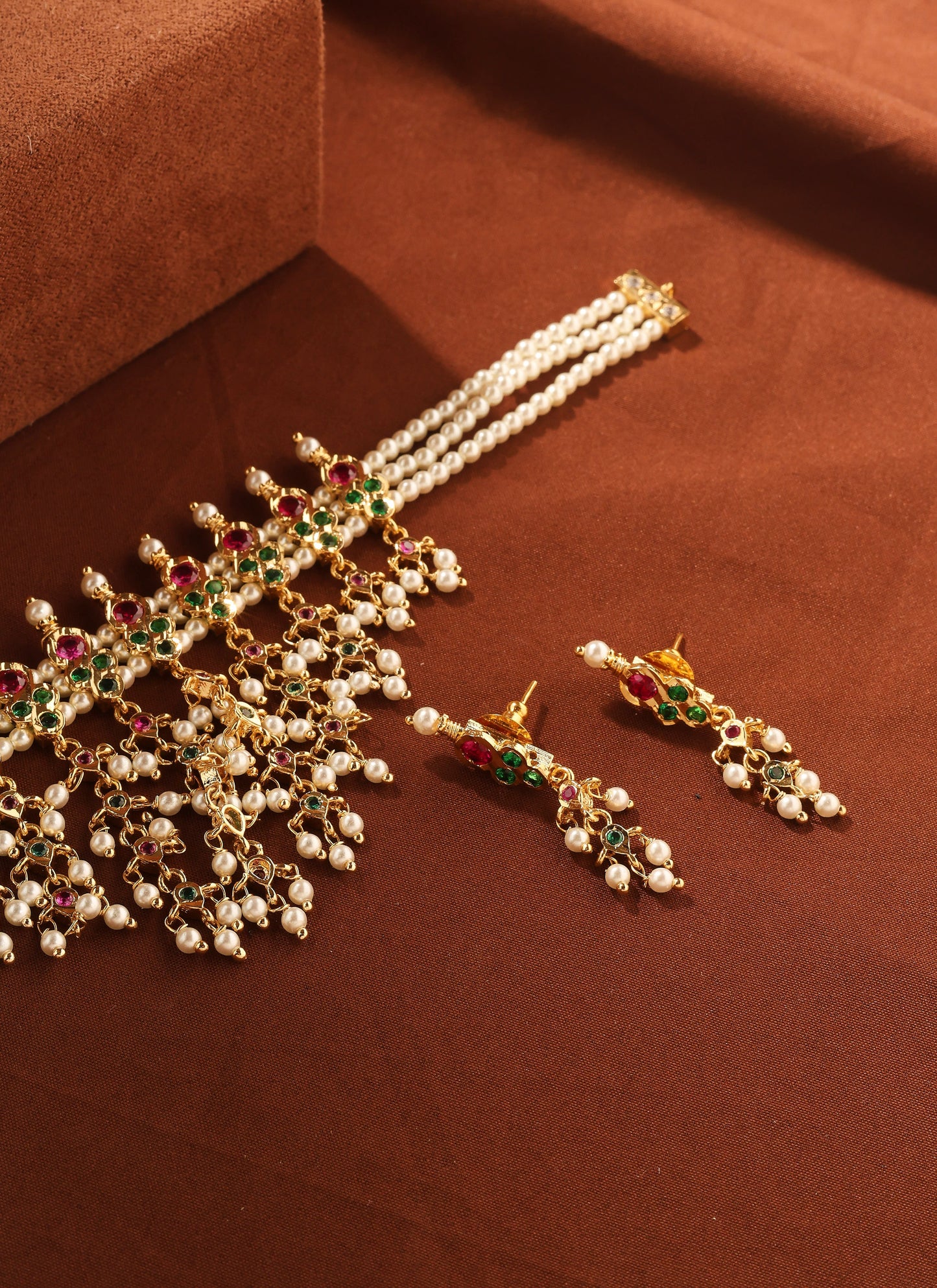 Gold and Pearl Necklace Set with Multi Colour Stone Accents
