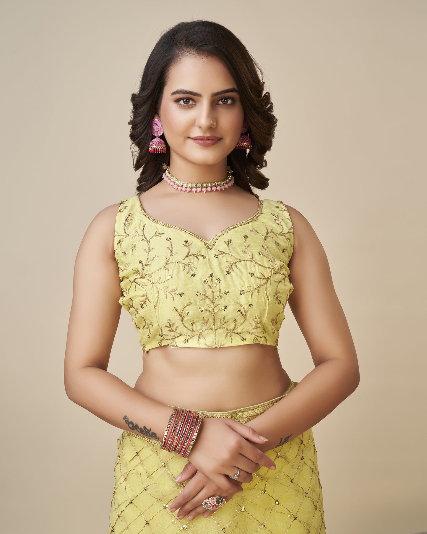 Yellow Soft Net Saree with Checks Embroidery