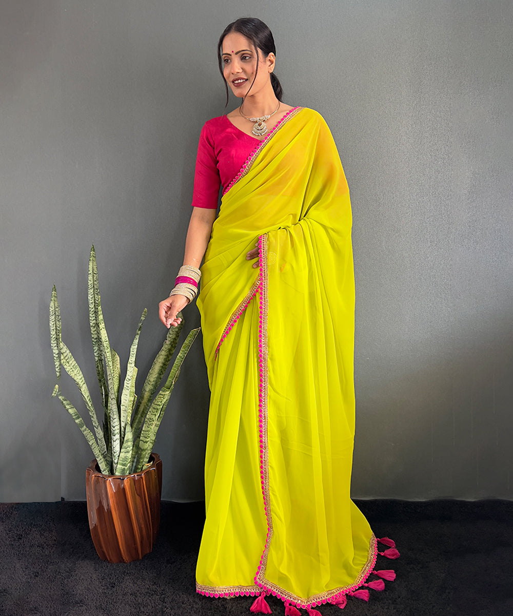 Neon Yellow Georgette Saree with Pink Border