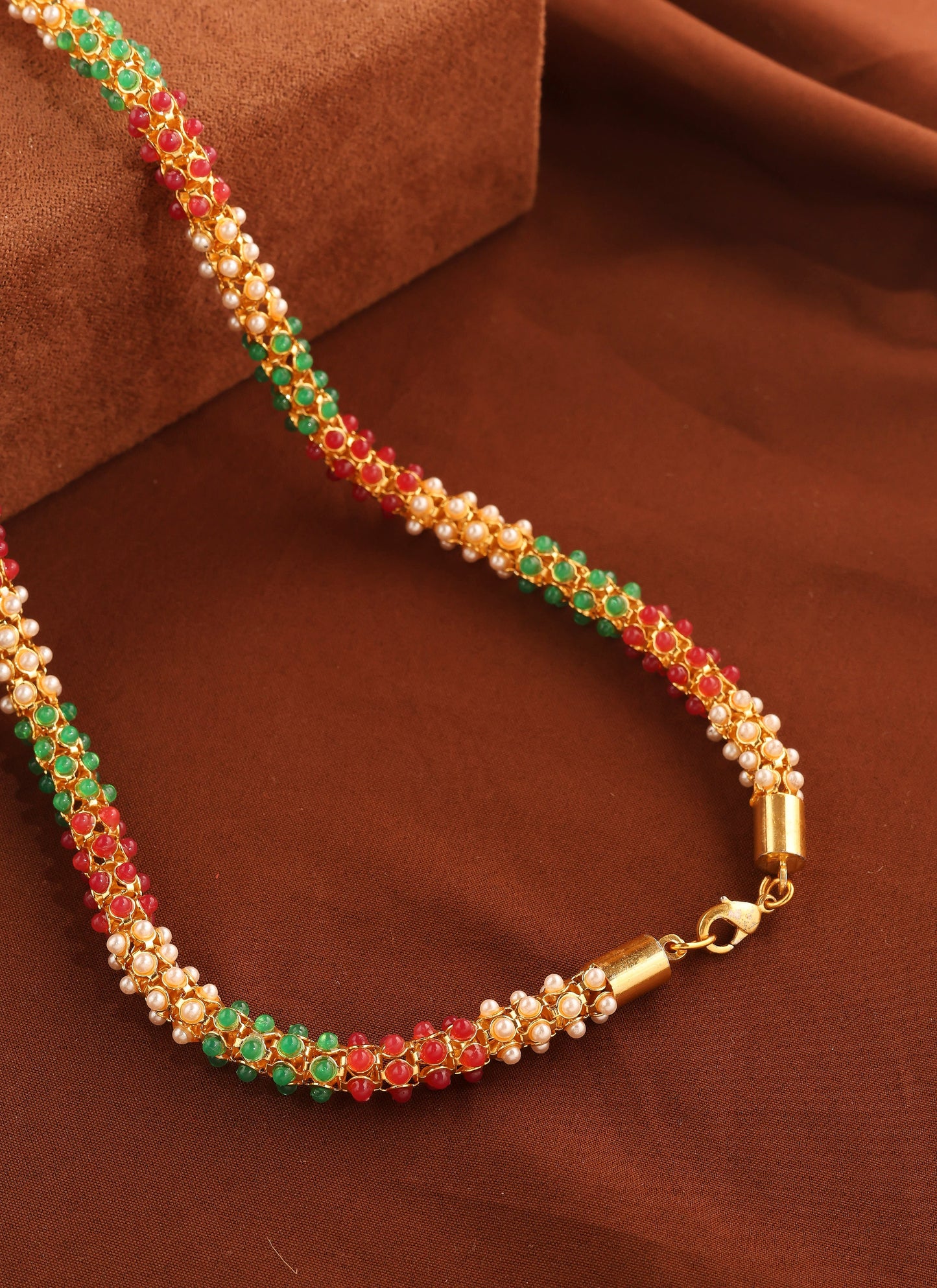 Pearl Ball Chain Necklace with Green and Red Pearls