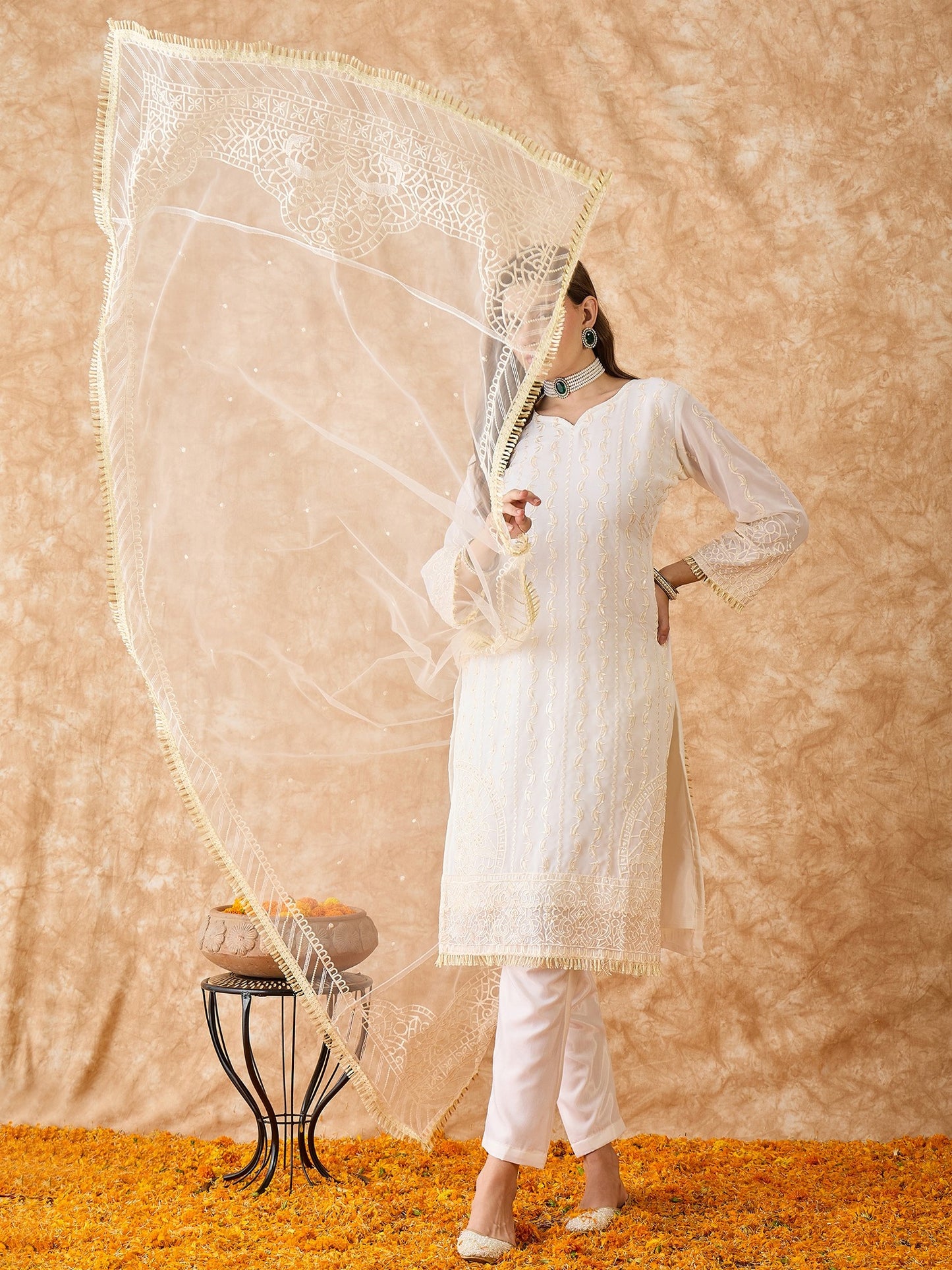 Semi Stitched Pakistani Suit in White Georgette