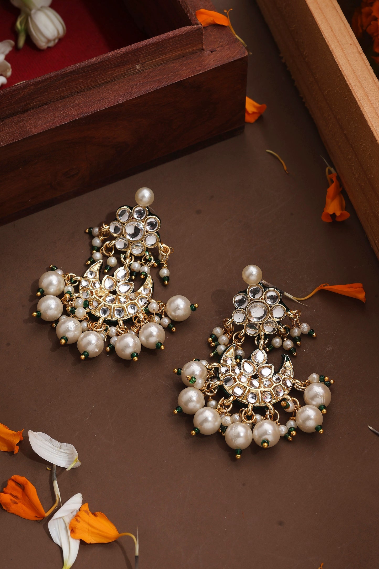 Kundan Chandbali Earrings with Pearl Drops