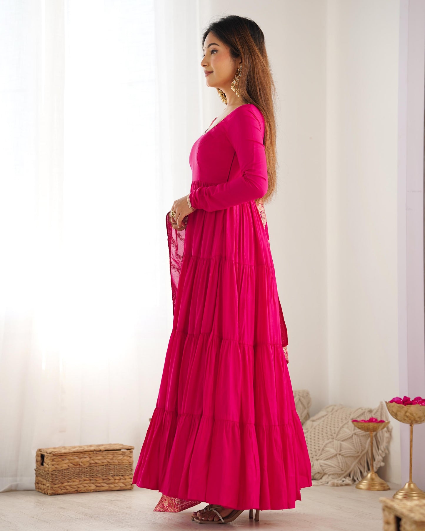 Hot Pink Chanderi Anarkali with Pant and Dupatta