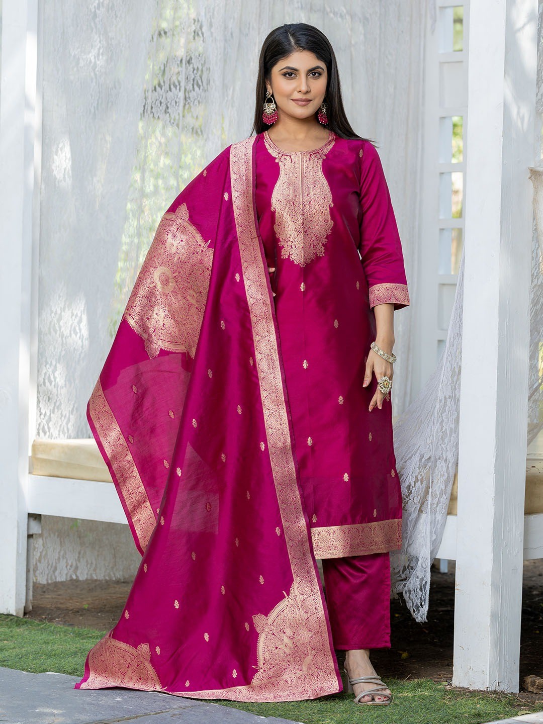 Pink Silk Blend Jacquard Kurta Pant with Dupatta