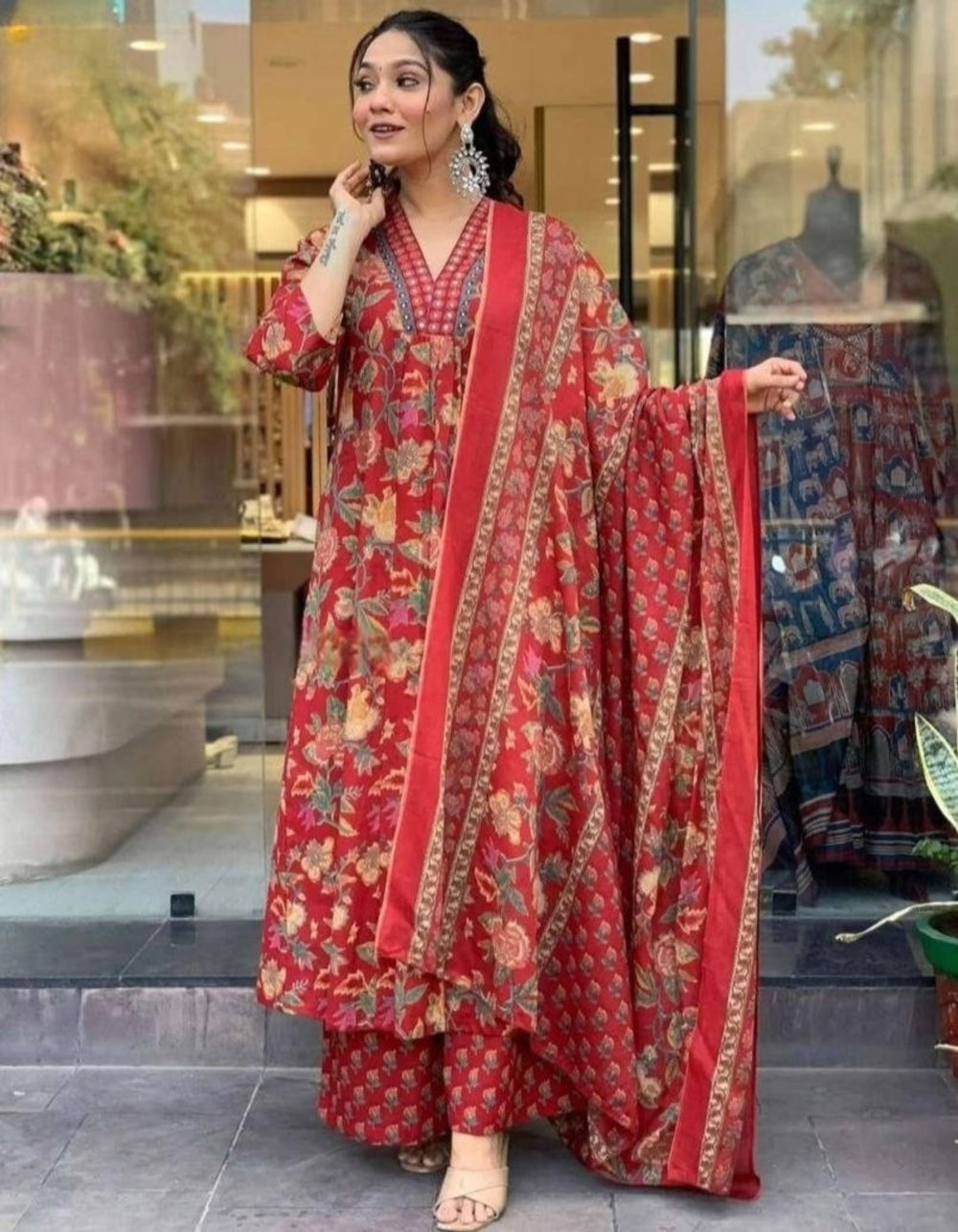 Women's Floral Print Anarkali Kurti Palazzo Set with Dupatta