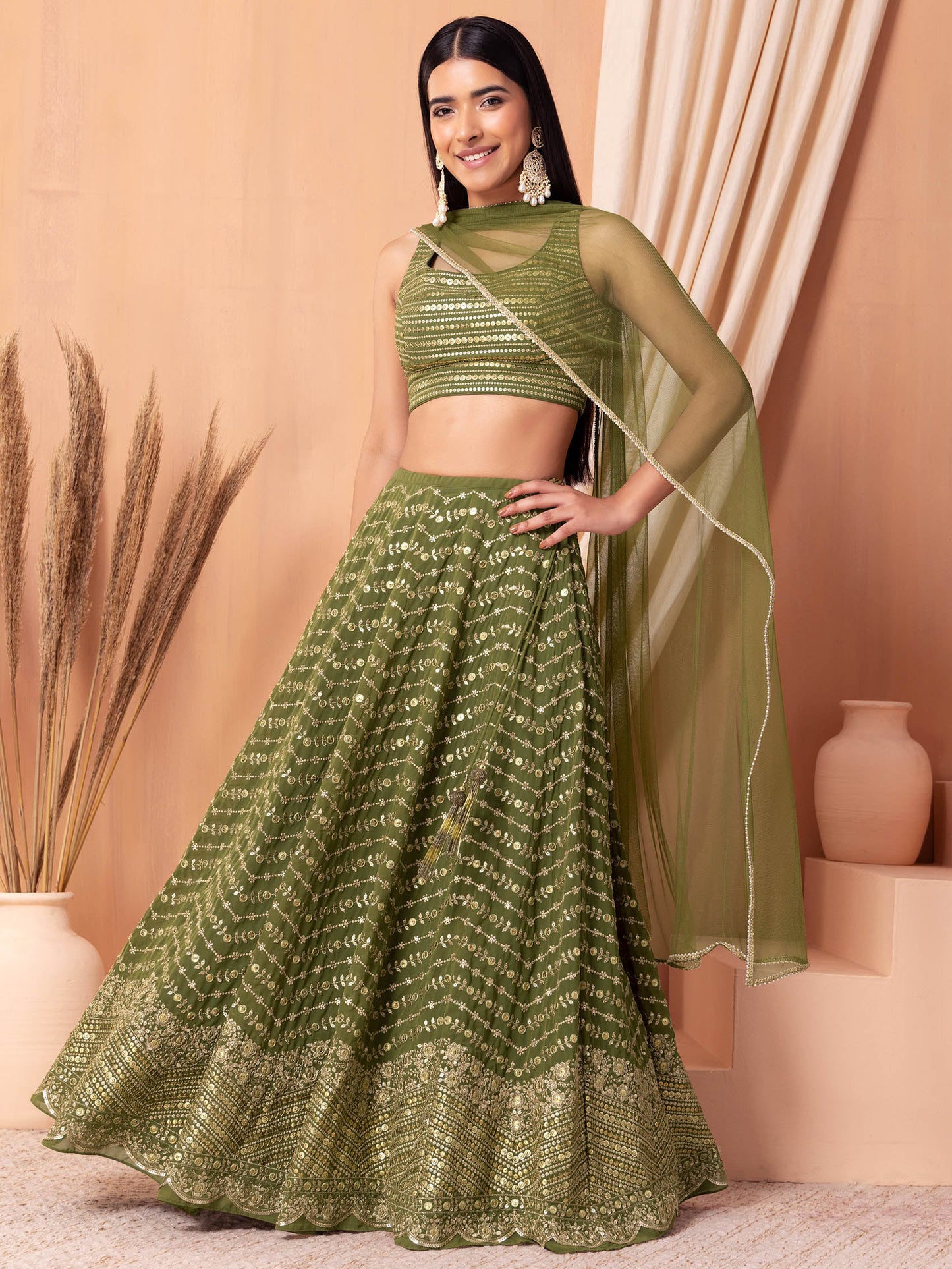 Green Zari Sequin Embroidered Georgette Wedding Lehenga Unstitched