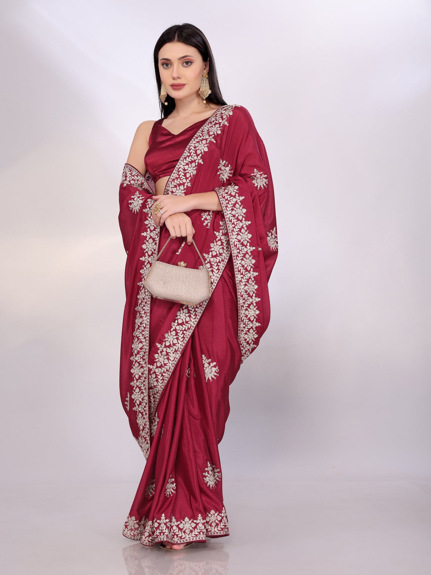 Elegant Maroon Chinon Silk Embroidered Saree with Matching Blouse