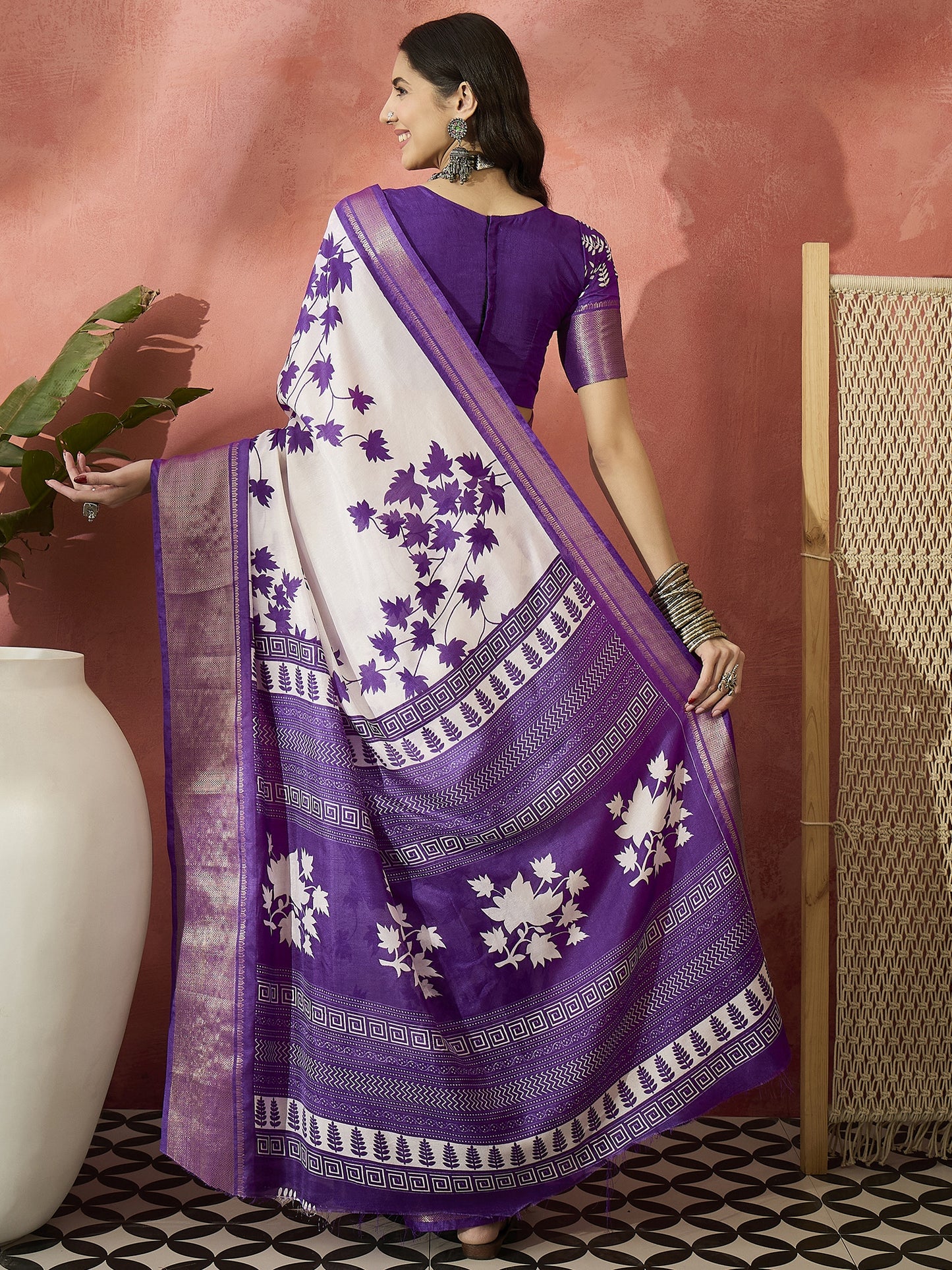 White Saree with Graceful Purple Floral Motifs
