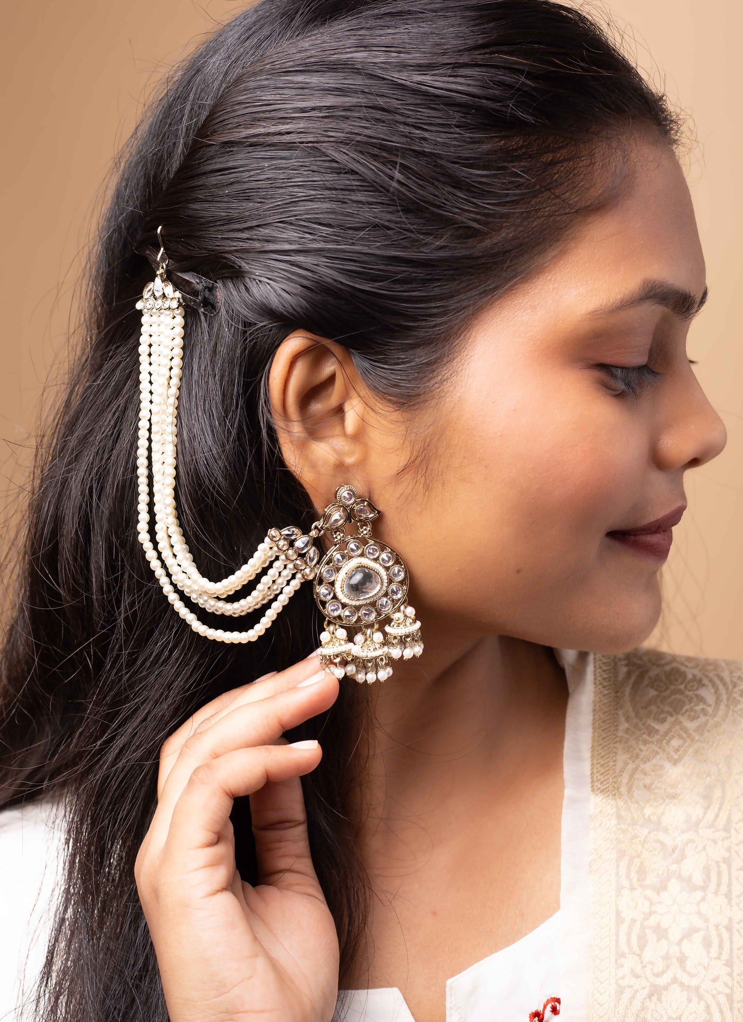 Kundan earrings with pearl ear chain