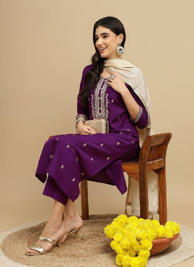 Purple Rayon Digital Print Kurta with Pant and Dupatta