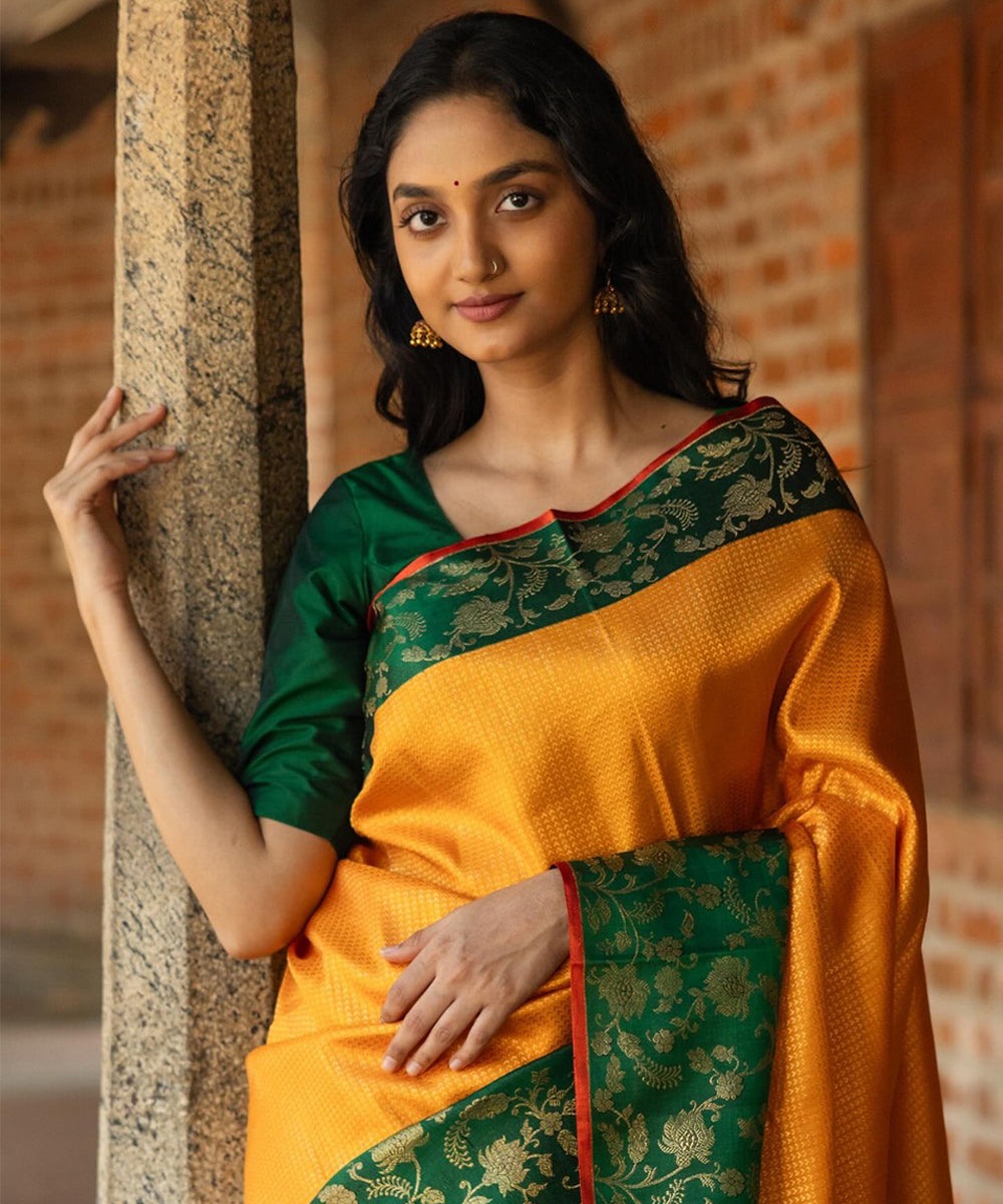 Yellow Flower Lichi Art Silk Saree