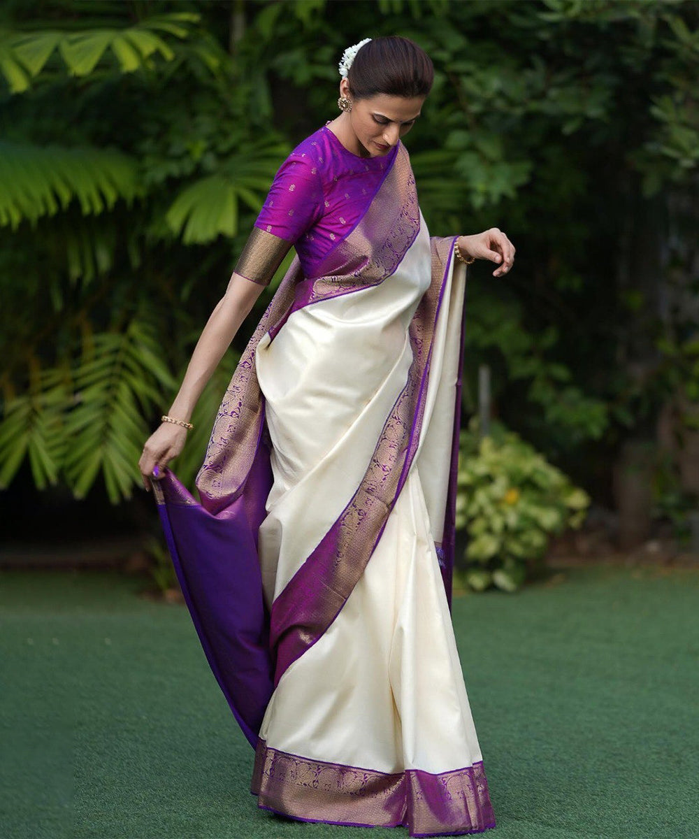 White and Purple Art Silk Saree