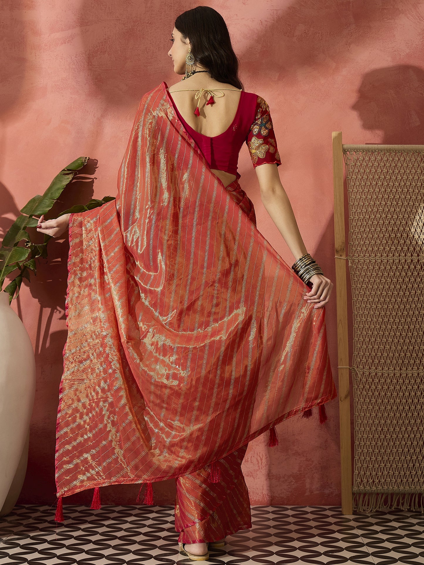Rust Orange Dual-Tone Organza Saree with Sheer Elegance