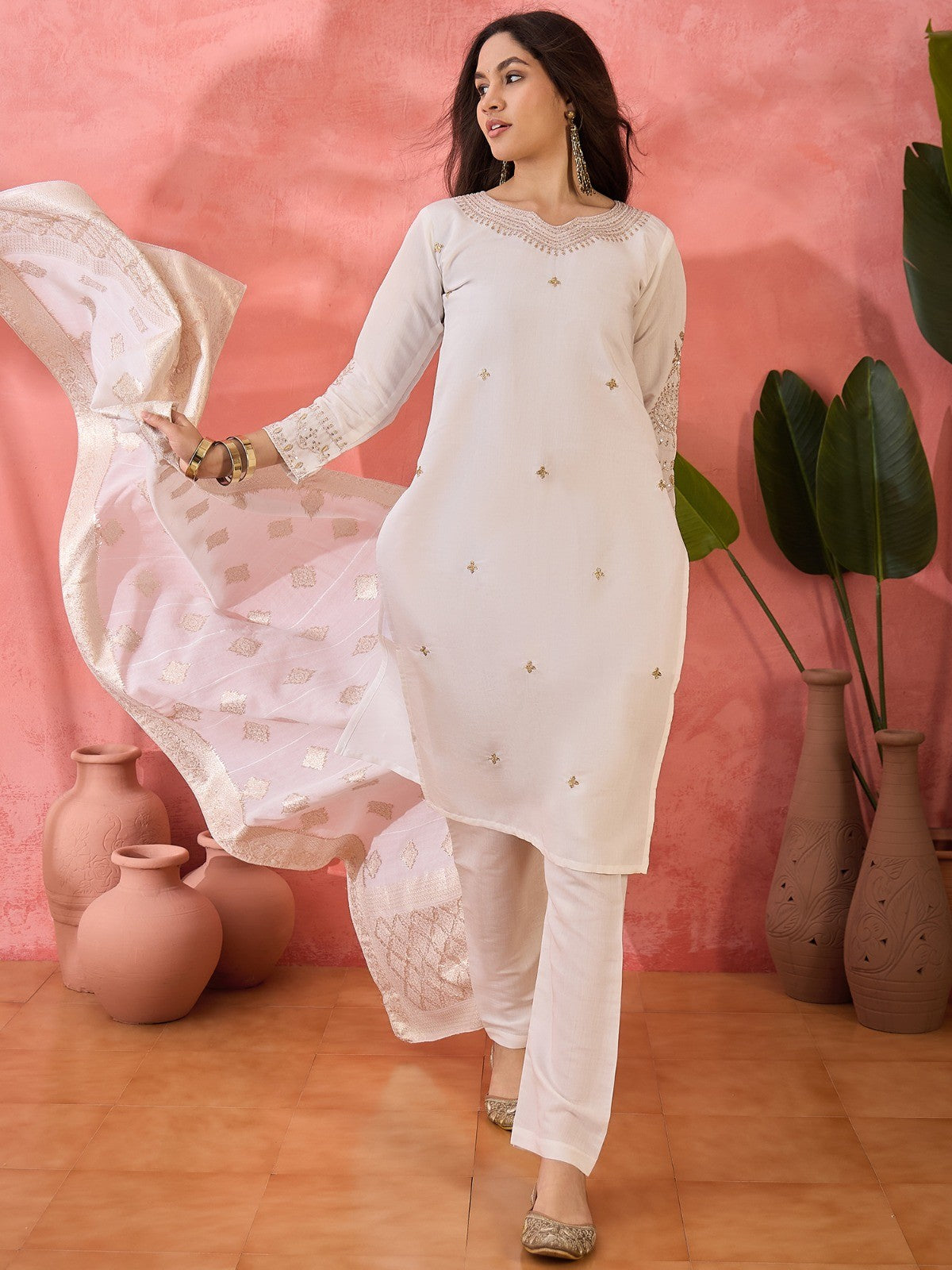 White Roman Silk Kurta with Bottom and Dupatta