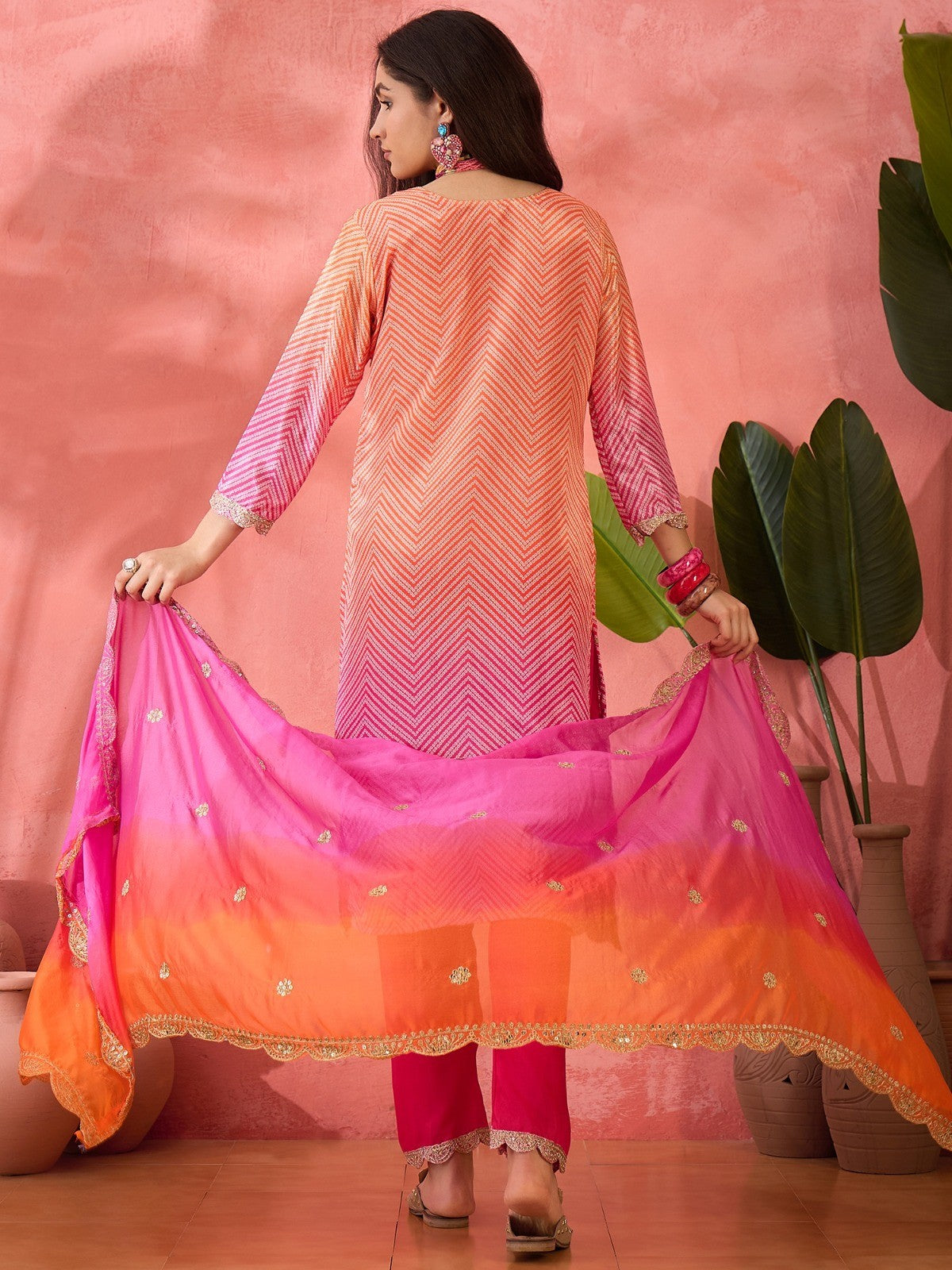 Multicolor Roman Silk Kurta with Bottom and Dupatta