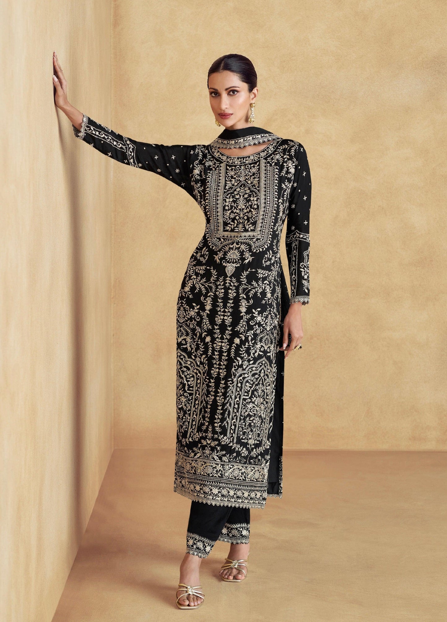 Black Embroidered Silk Blend Readymade Suit