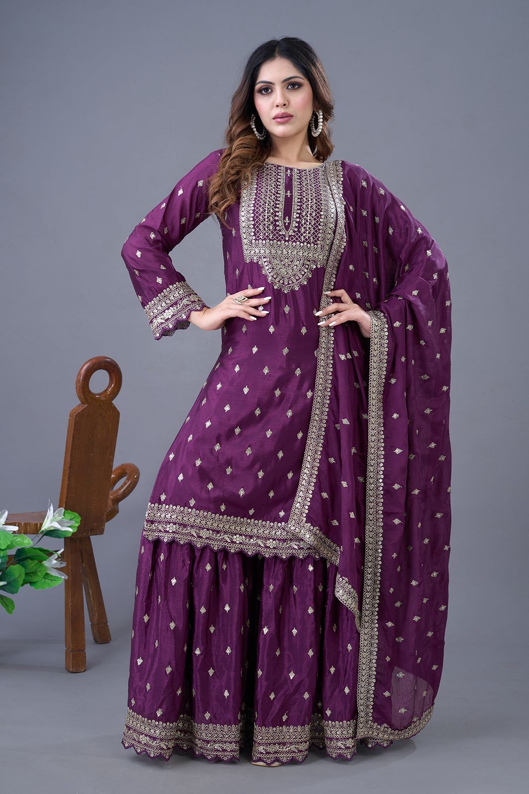 Wine Sequins Silk Blend Readymade Suit