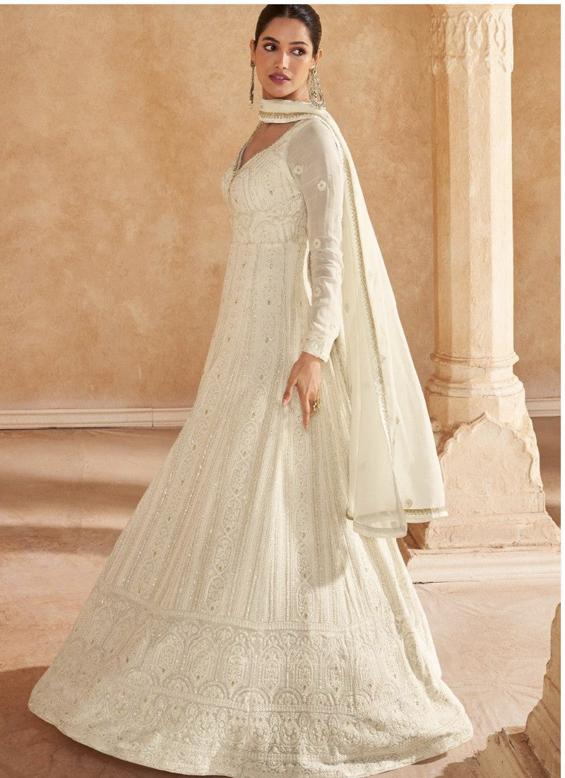 White Georgette Sequins Kurta with Pant and Dupatta