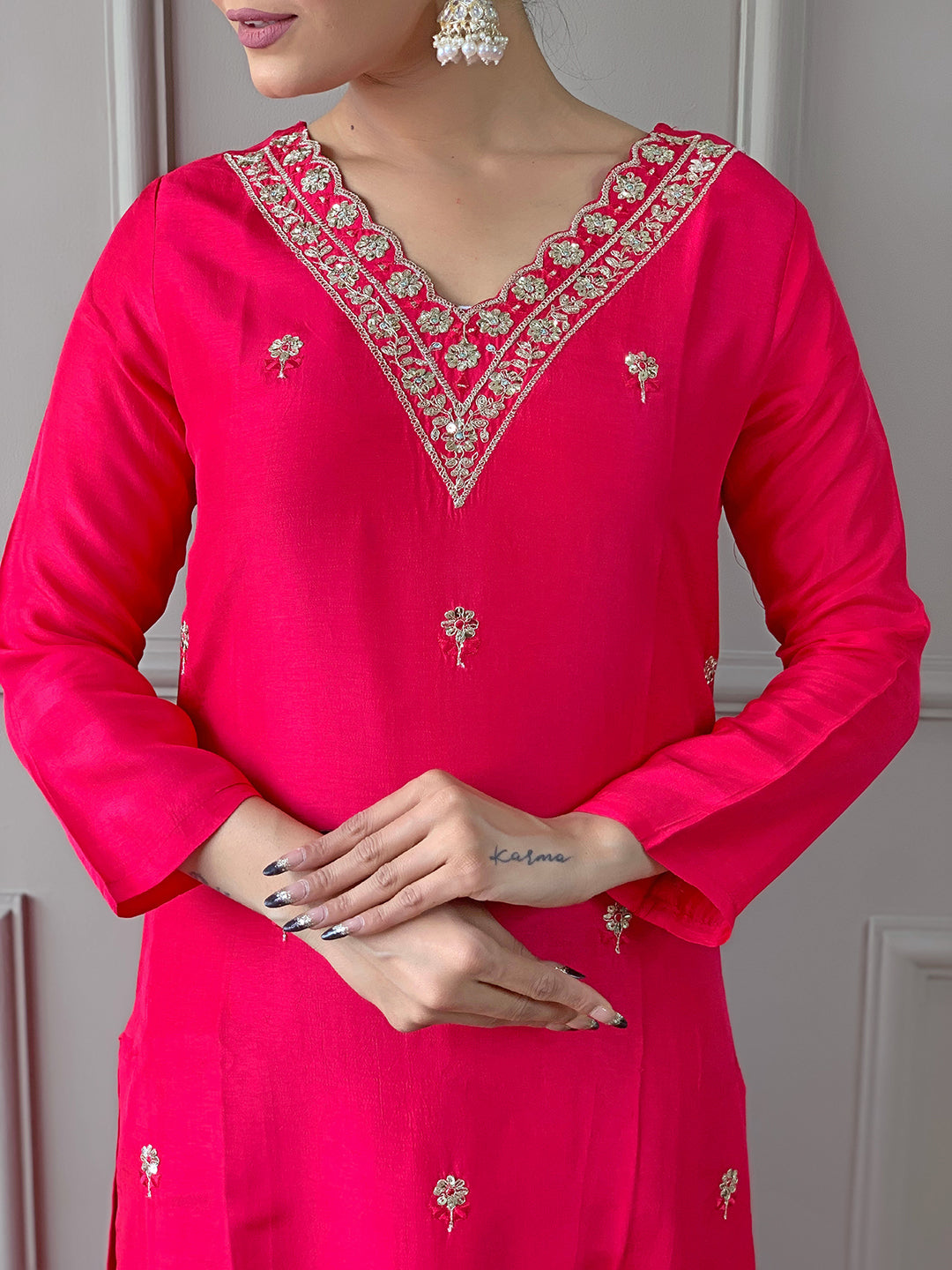 Red Women Embroidered Viscose Kurta Set