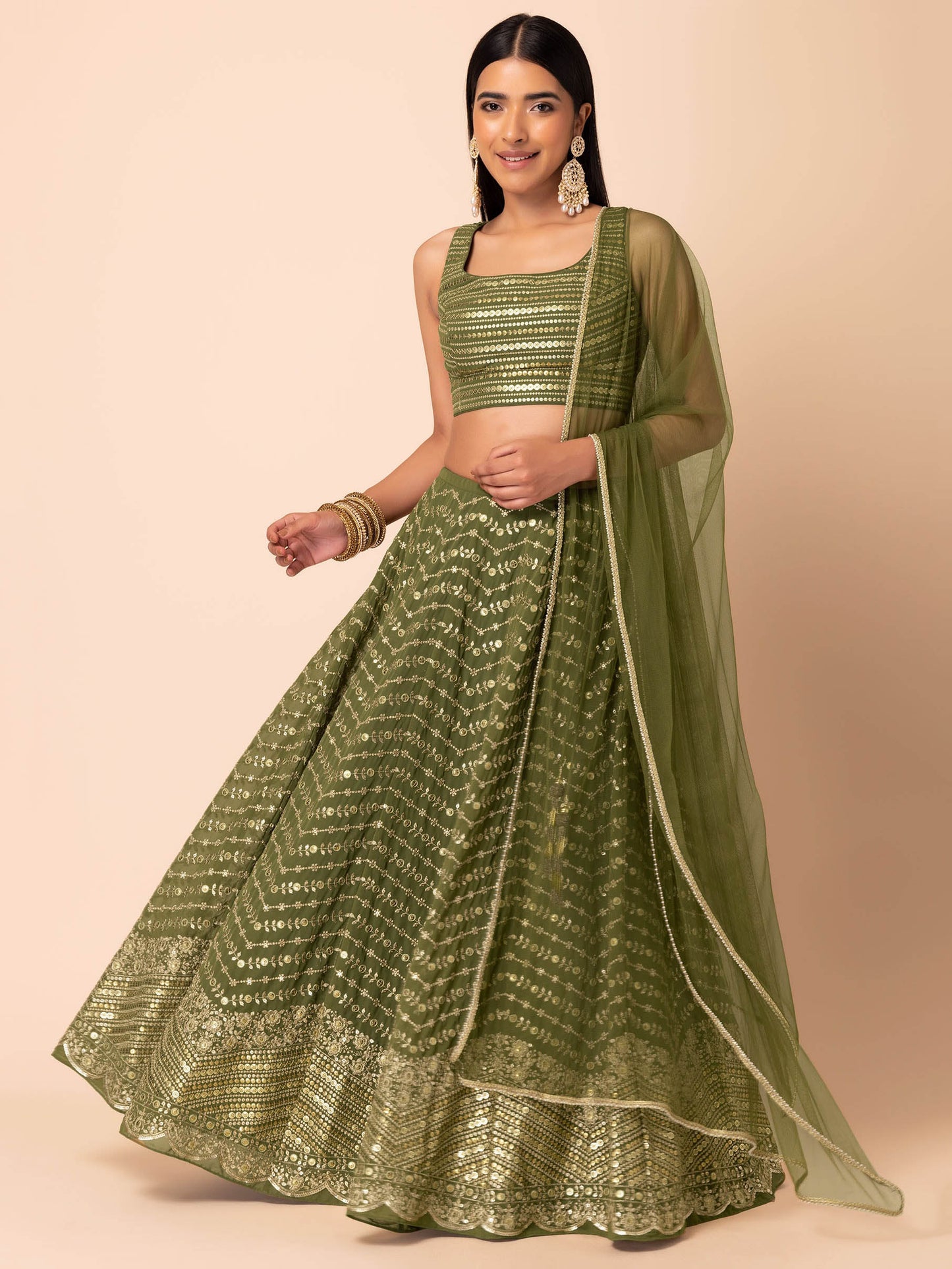 Green Zari Sequin Embroidered Georgette Wedding Lehenga Unstitched