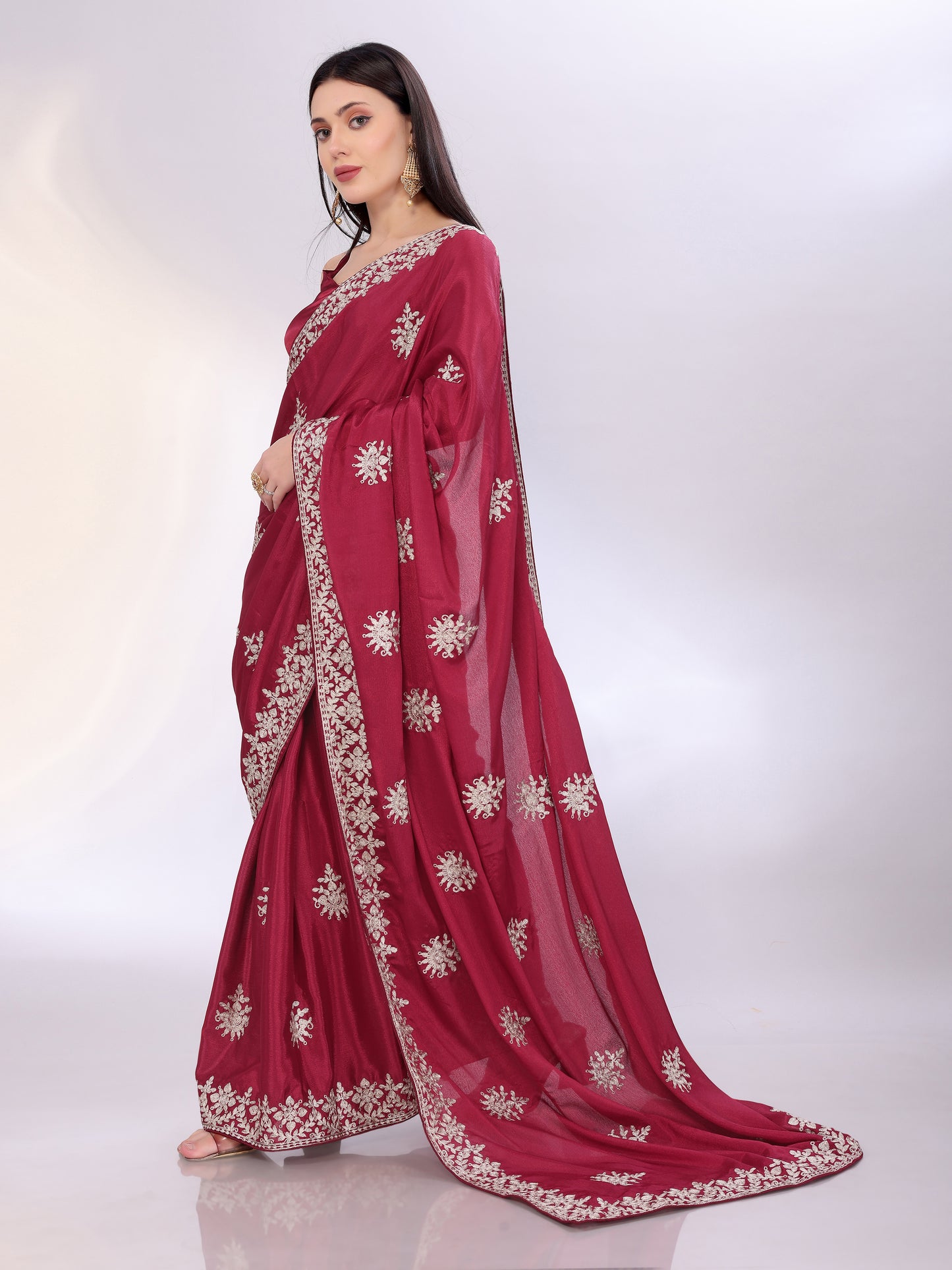 Elegant Maroon Chinon Silk Embroidered Saree with Matching Blouse