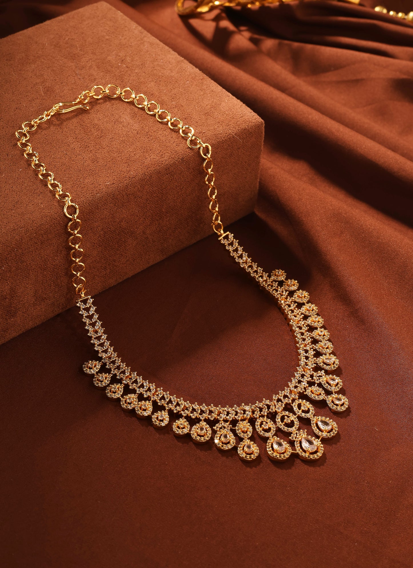 American Diamond Necklace Set with Earrings and Pear Shaped Motifs