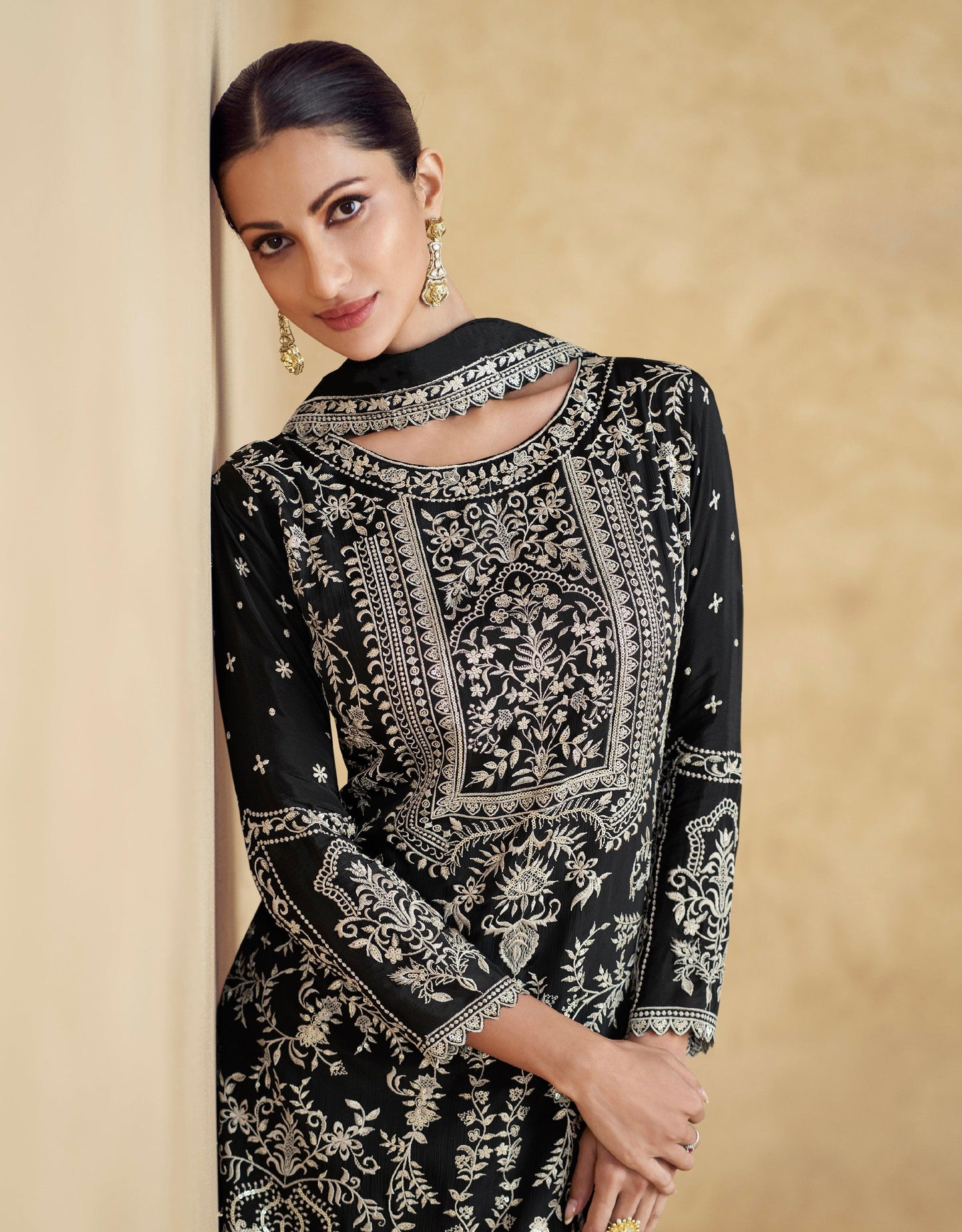 Black Embroidered Silk Blend Readymade Suit