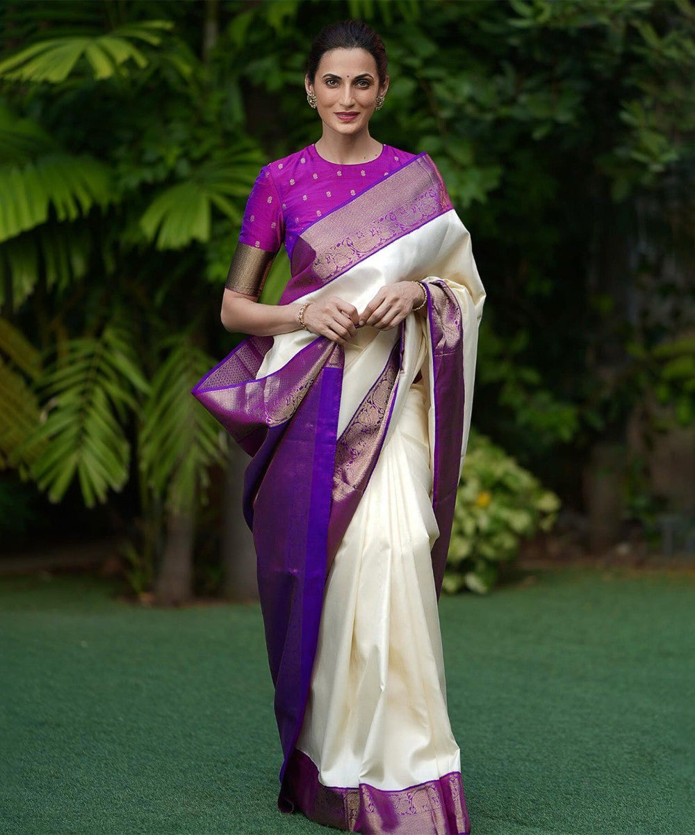 White and Purple Art Silk Saree