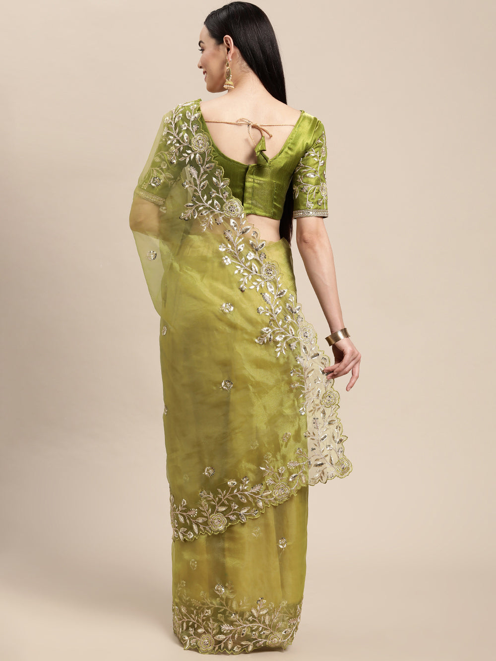 Mehendi Green Organza Embroidered Saree