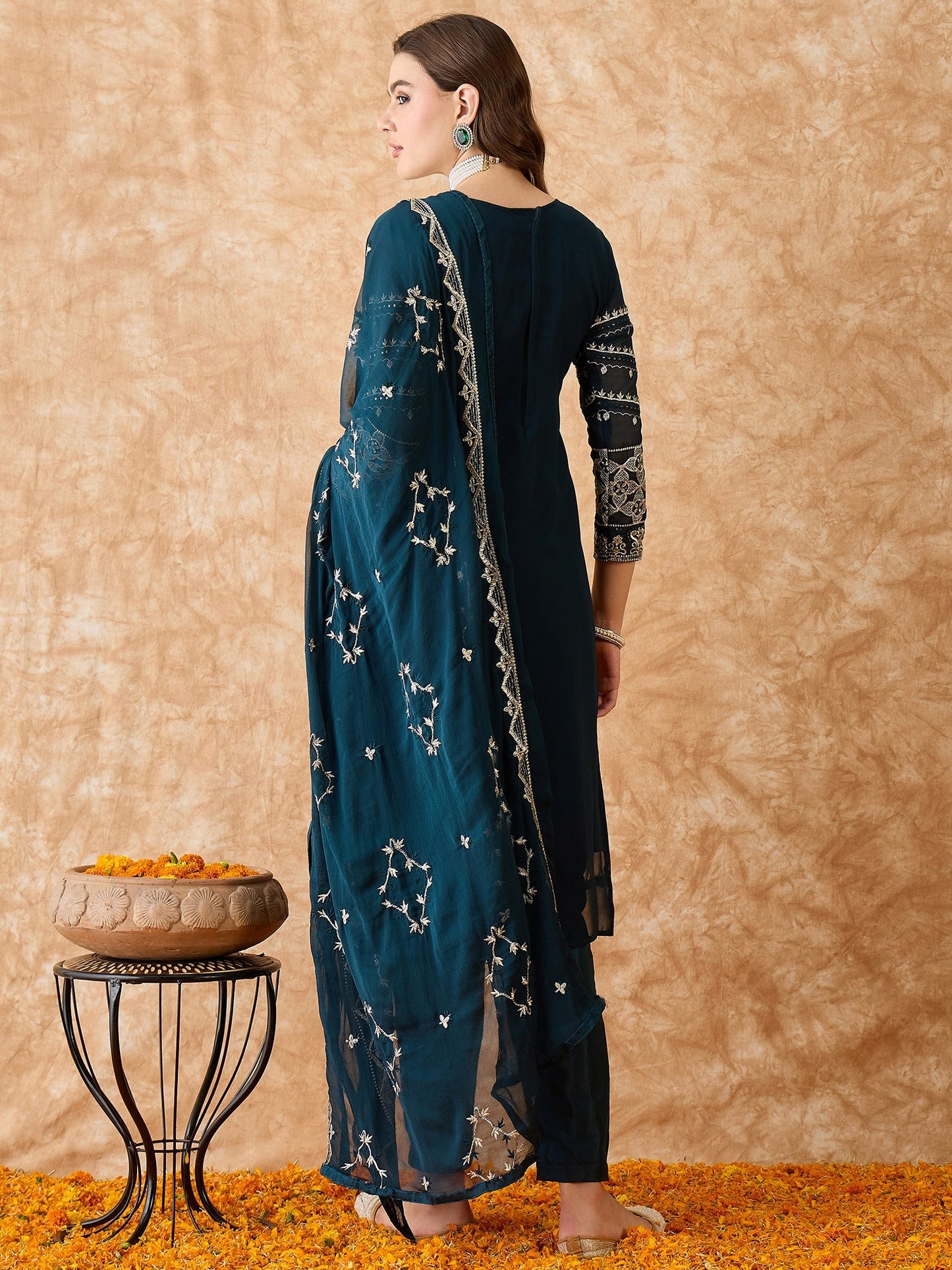 Semi-Stitched Teal Georgette Pakistani Suit with Embroidery