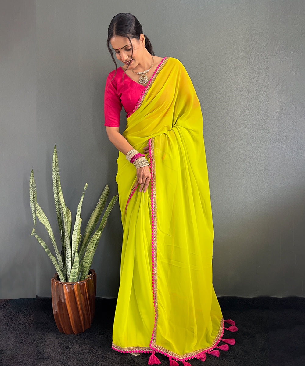 Neon Yellow Georgette Saree with Pink Border