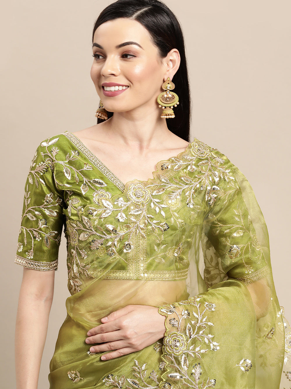 Mehendi Green Organza Embroidered Saree