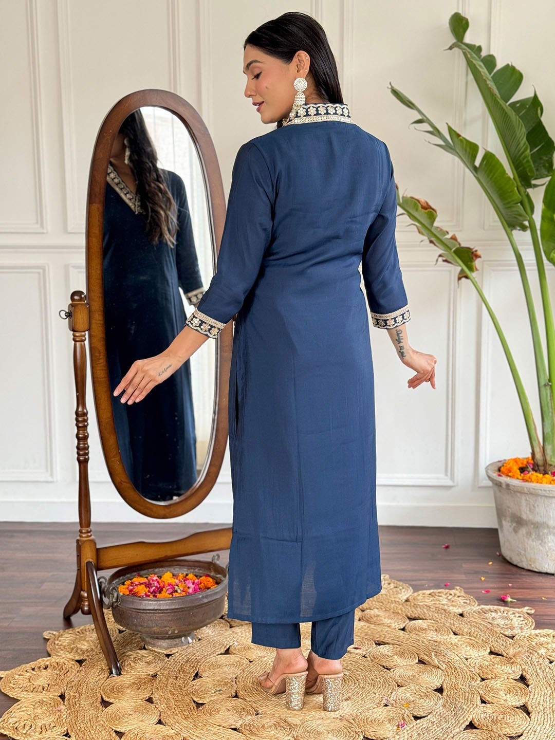 Blue Viscose Silk Embroidered Kurta Pant with Dupatta