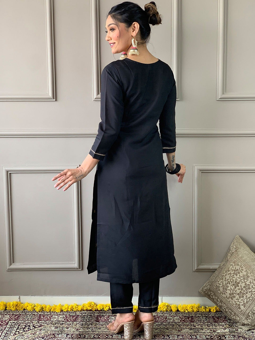 Black rayon embroidered kurta pant with dupatta