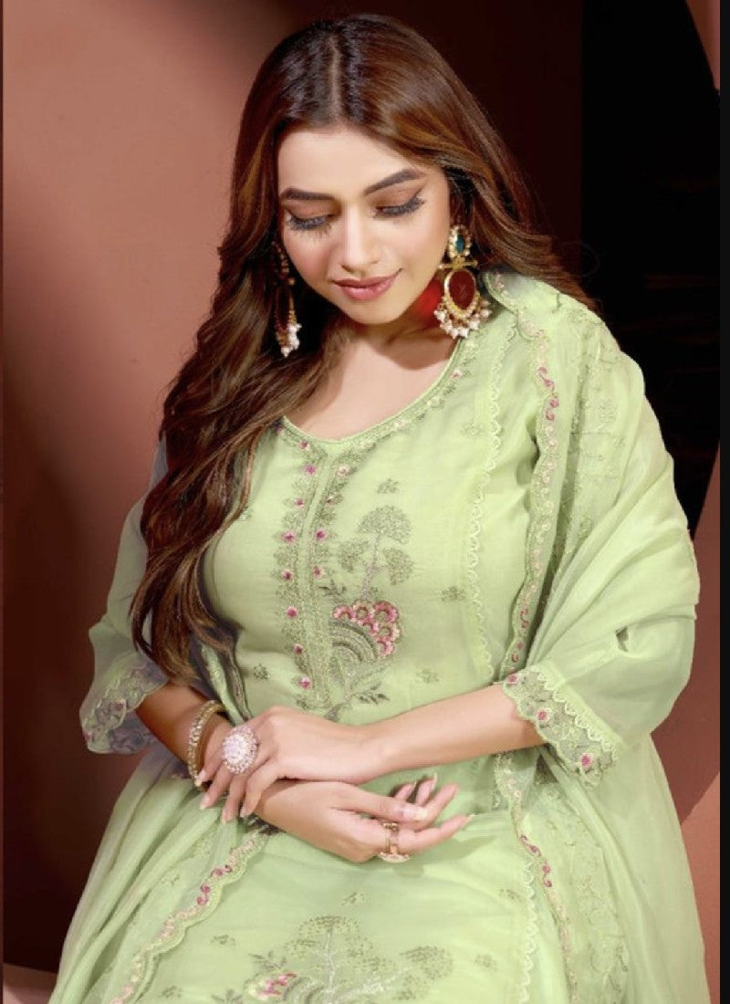 Green Viscose Embroidered Kurta with Pant and Dupatta