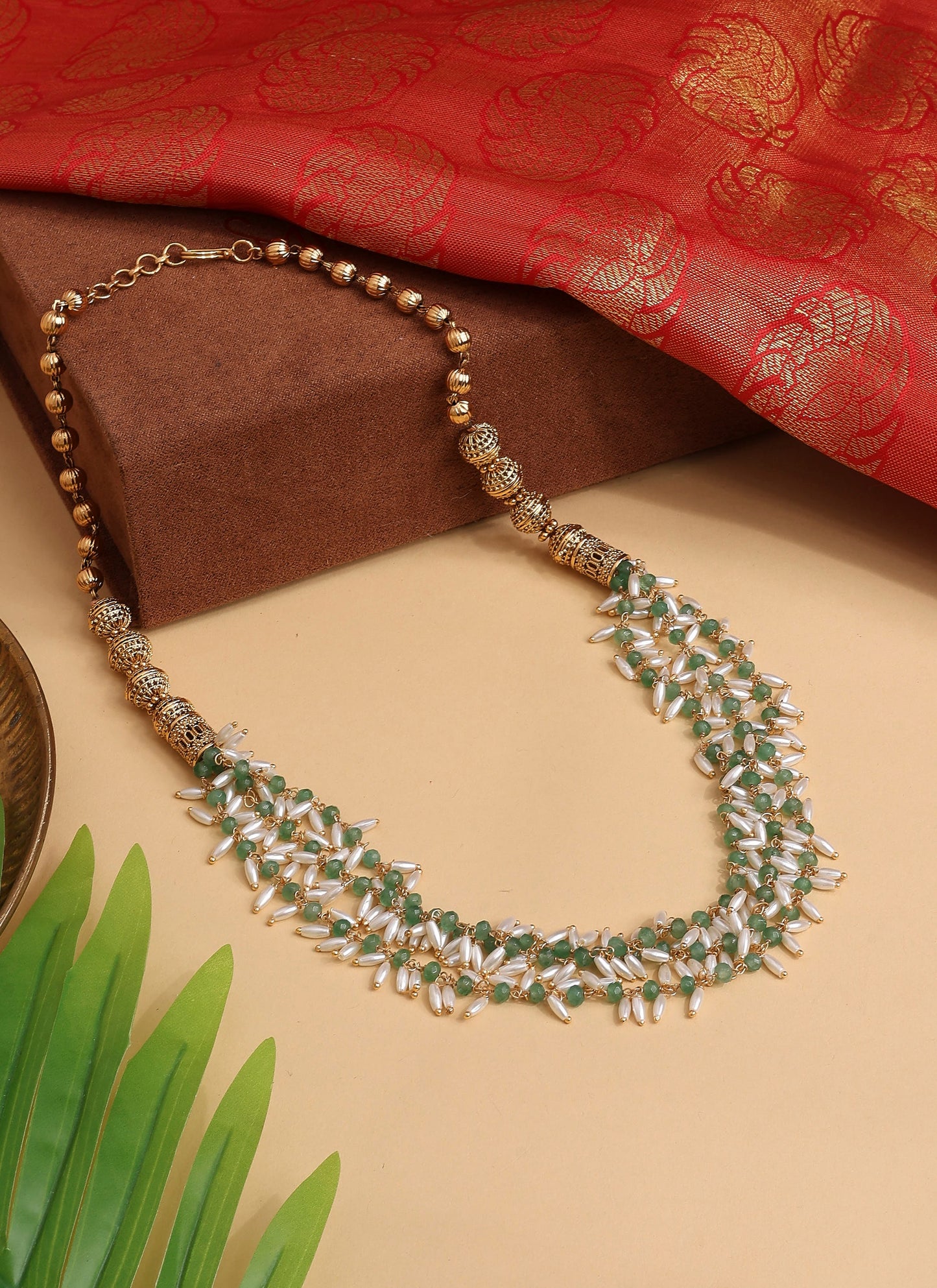 Gold Ball Chain Necklace with Rice Pearls and Green Beads