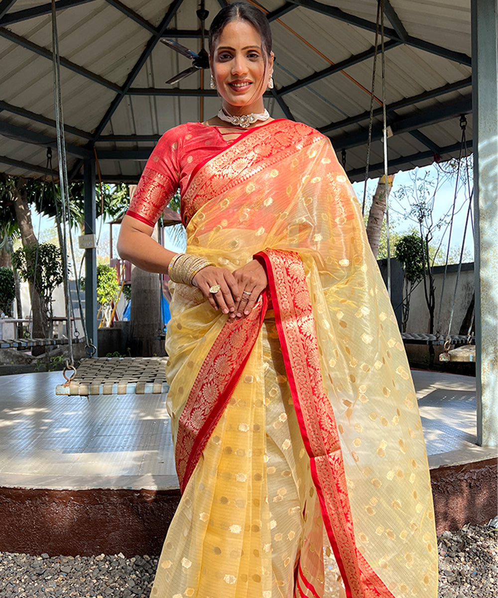 Golden Yellow & Red Organza Silk Saree