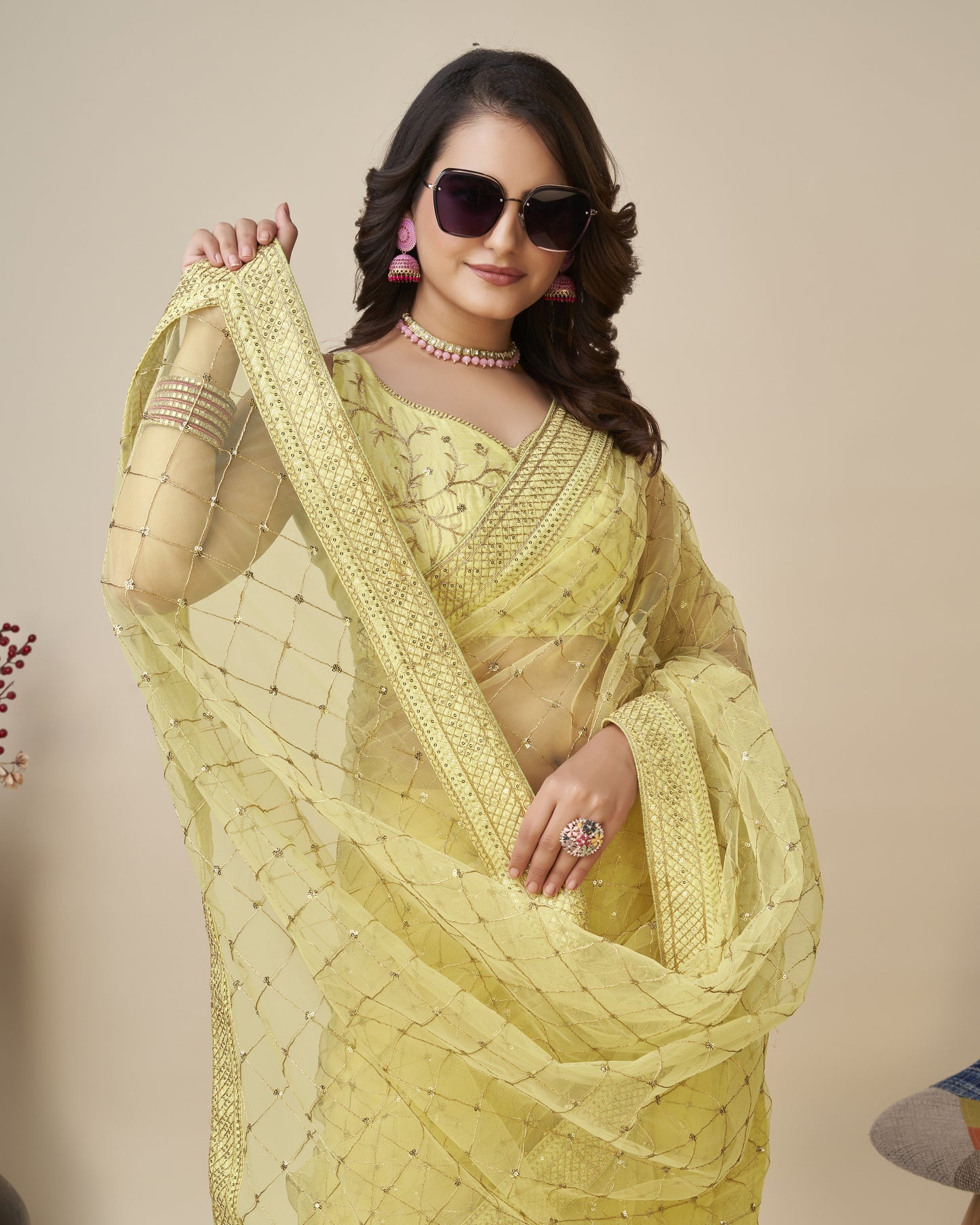 Yellow Soft Net Saree with Checks Embroidery