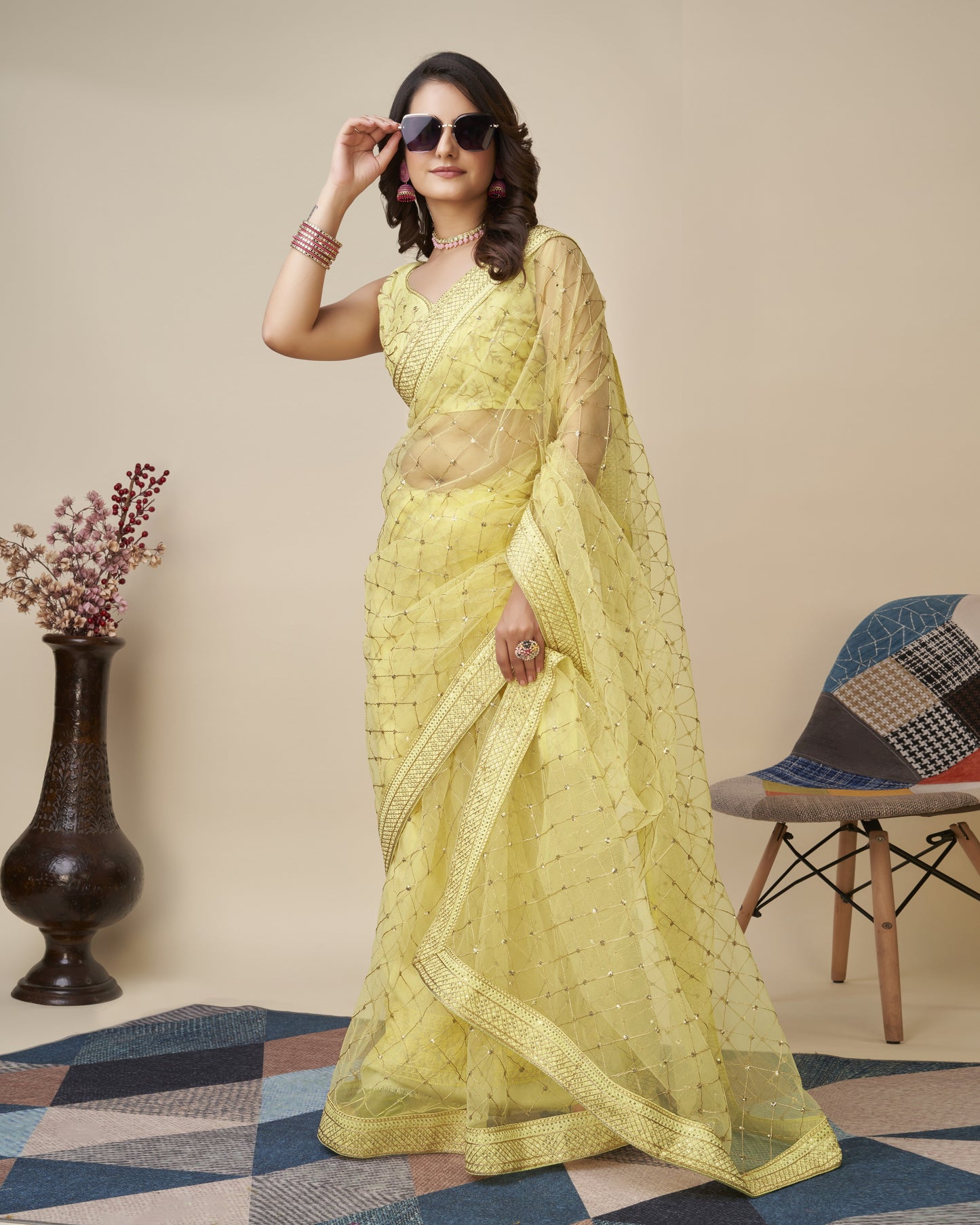 Yellow Soft Net Saree with Checks Embroidery