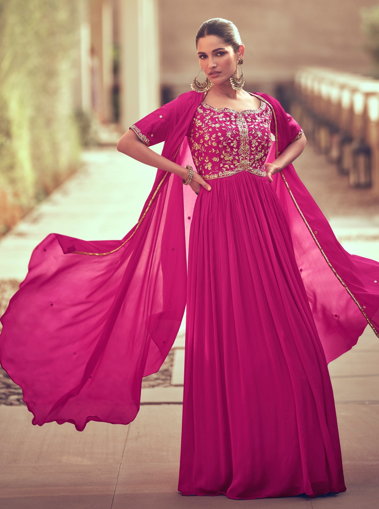 Pink Embroidered Chinon Silk Anarkali Salwar Suit (Semi-Stitched)
