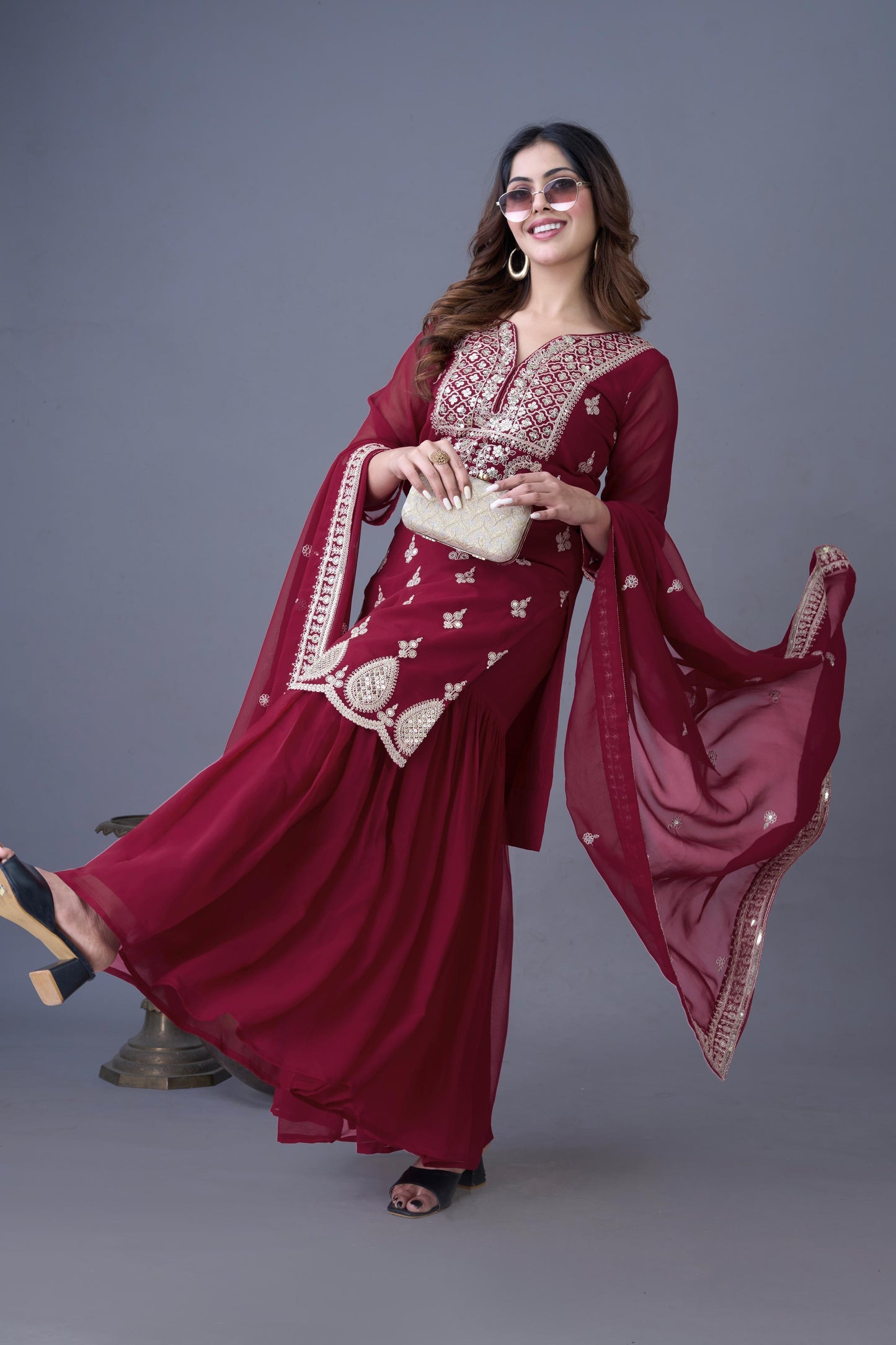 Maroon Embroidered Georgette Readymade Suit