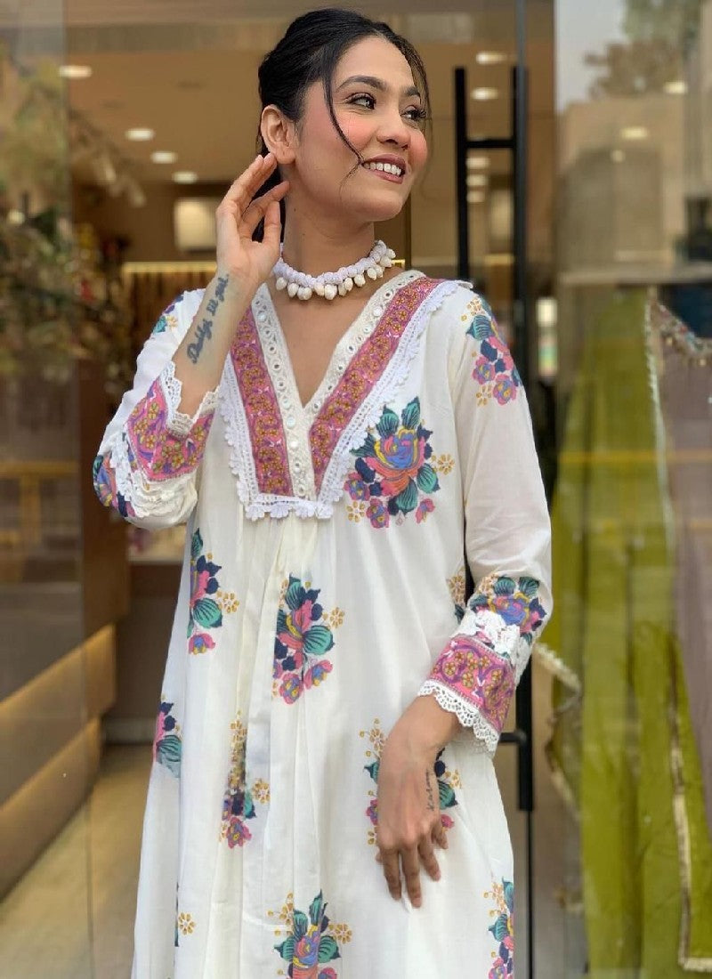 White Cotton Embroidered Kurta with Pant and Dupatta