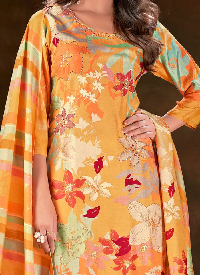 Yellow Cotton Printed Kurta with Pant & Dupatta