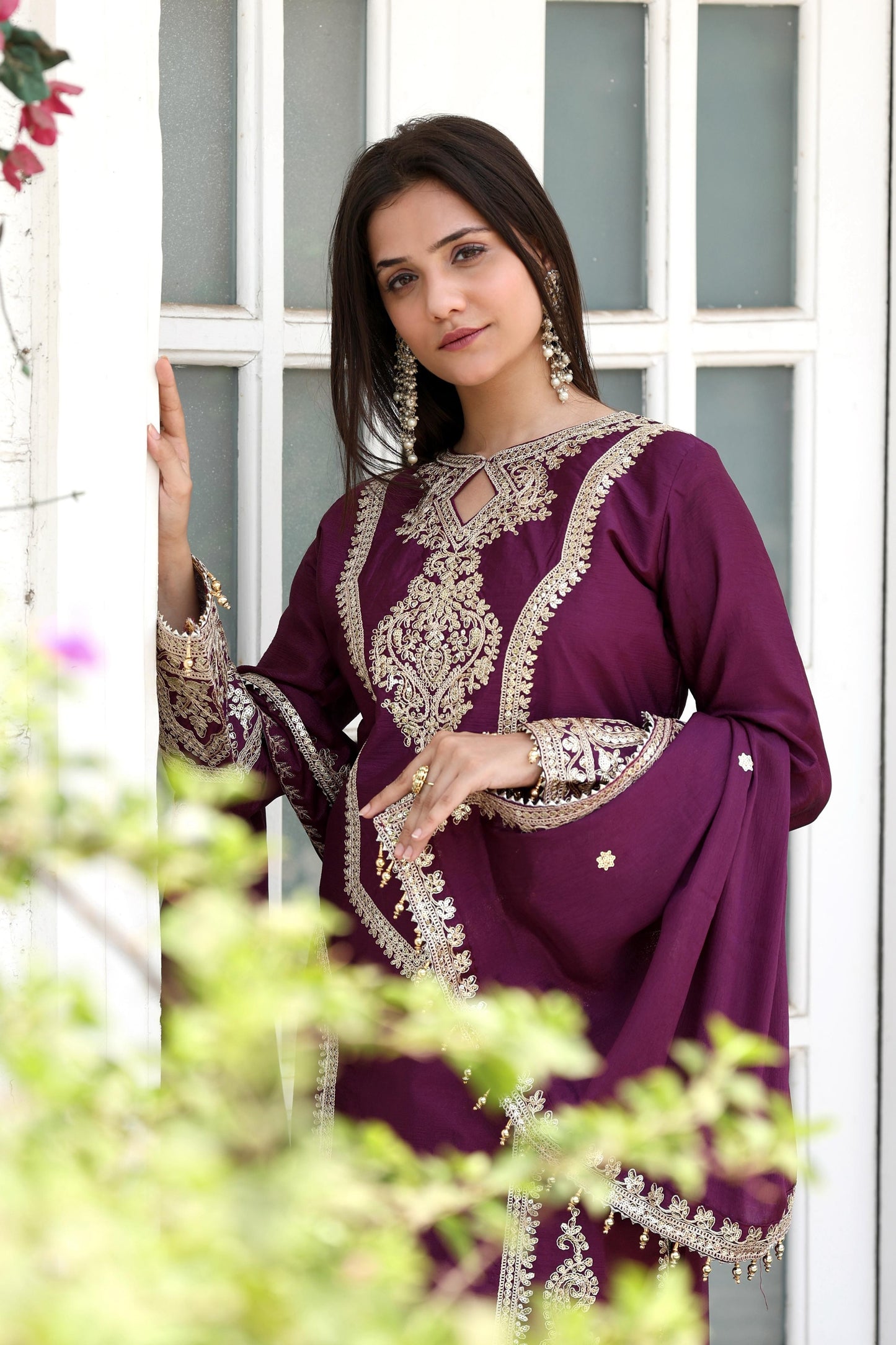 Wine Embroidered Silk Blend Readymade Suit